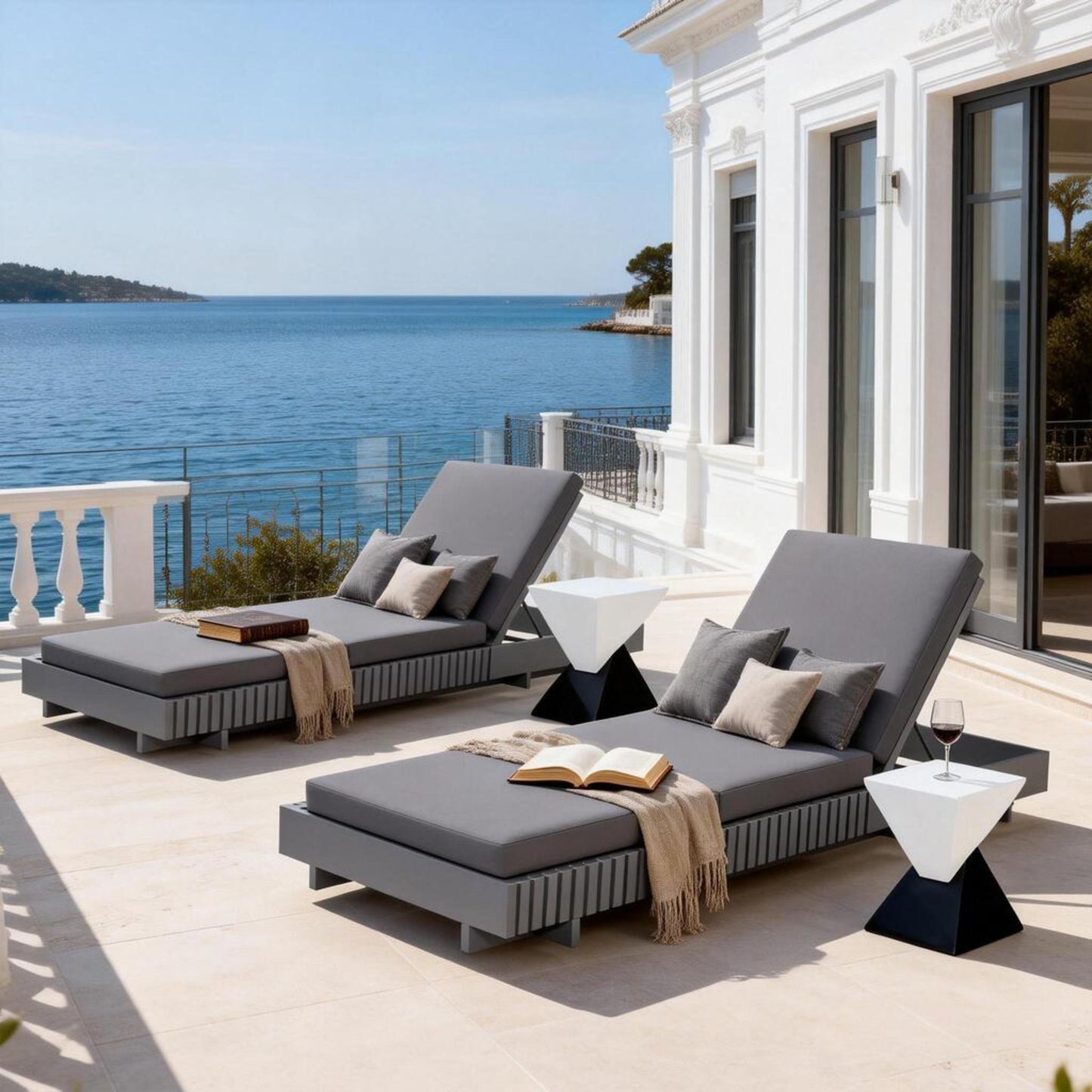 Dark Grey Acacia Solid Wood Outdoor Chaise Lounge with  Dark Grey 3-Fold Water-Repellent Cushion, 400lbs Capacity,  Modern Patio Sun Lounger for Garden, Poolside