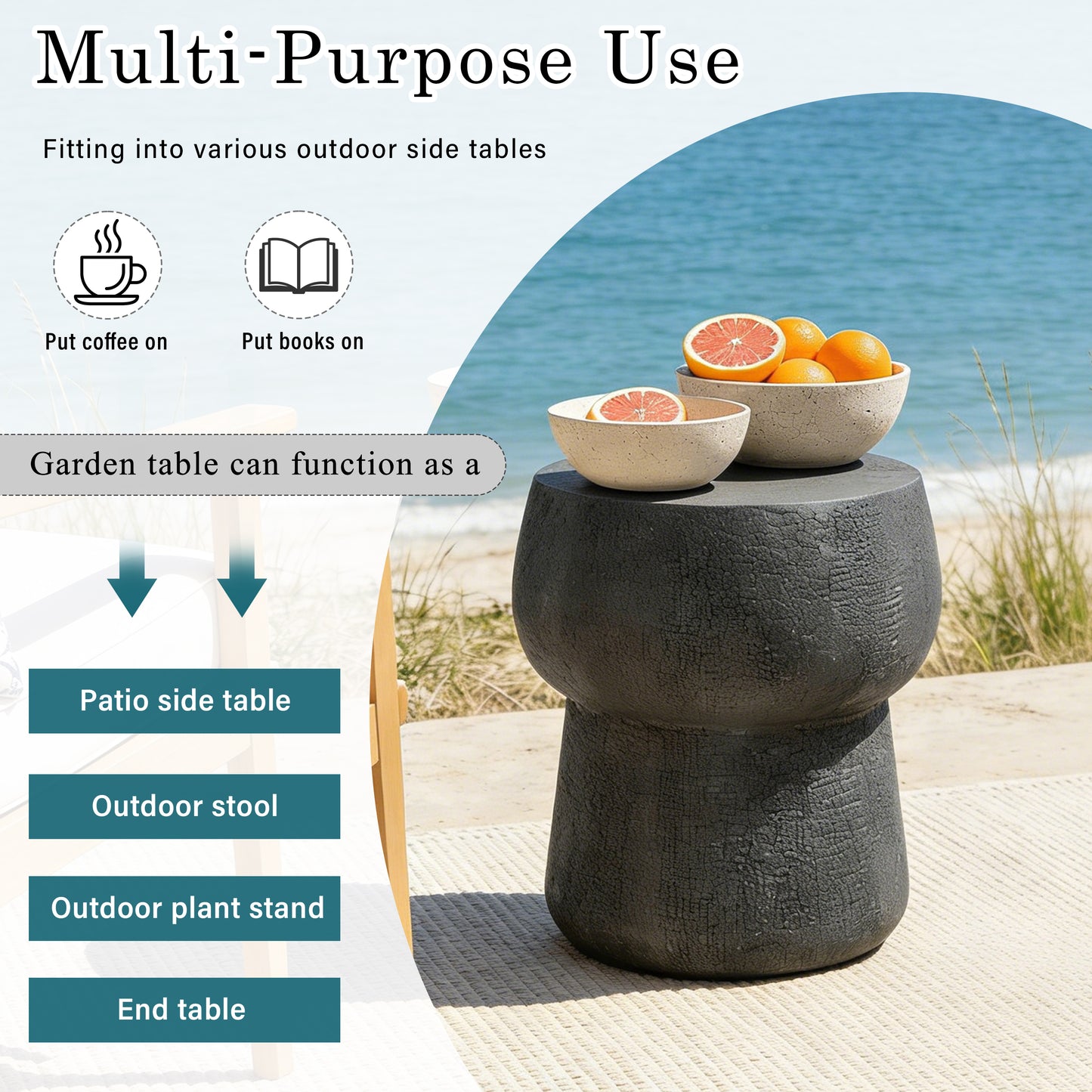 U_Style Outdoor Patio Accent Table with Crack process , Morden Concrete coffee Table with Double Barrel Shape Outdoor Side Table, Garden Stoolsl  for Patio,Garden, Backyard.