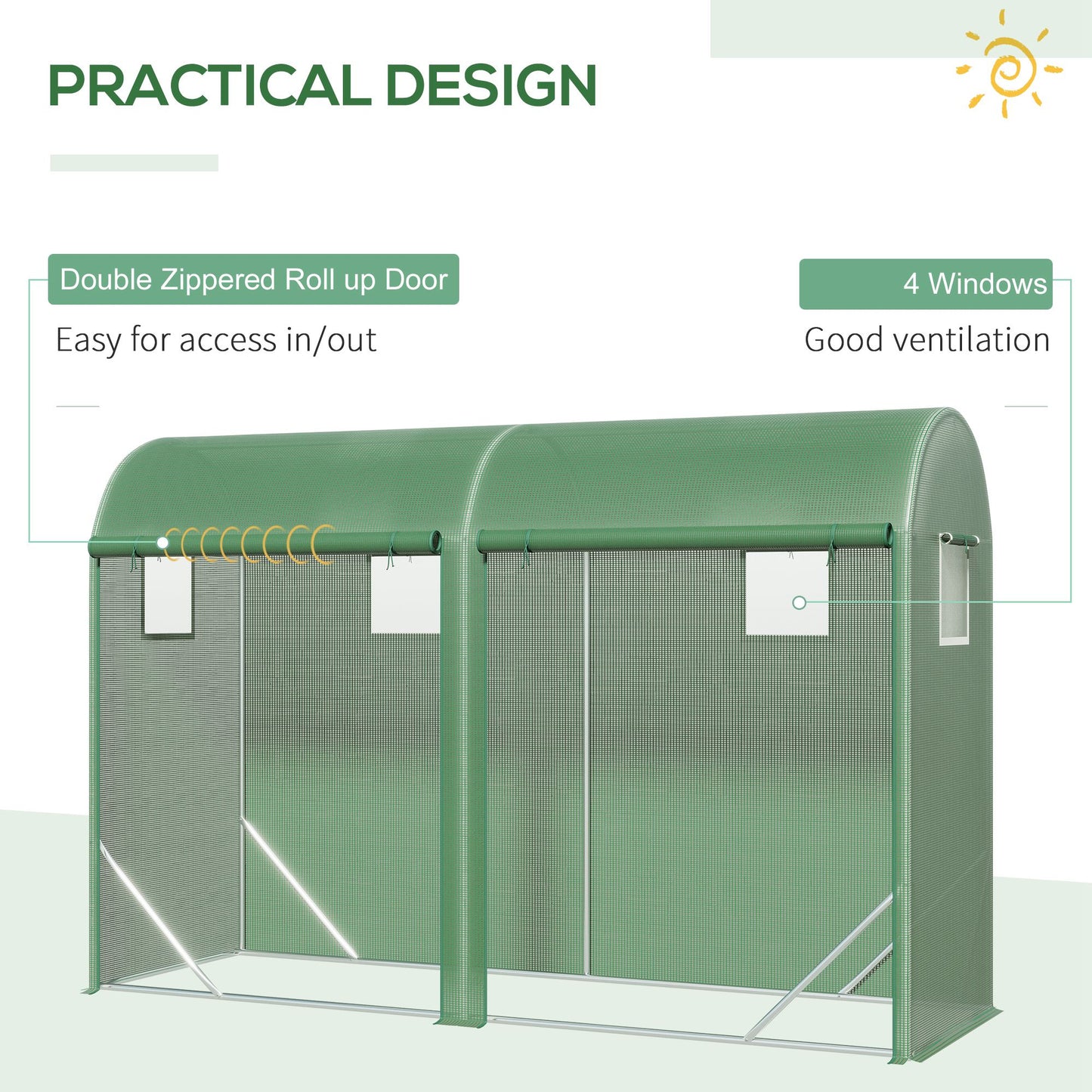 Greenhouse,Walk-in Lean-to Greenhouse,4 Zipper Roll-up Windows & 2 Doors, UV Protecting PE Cover