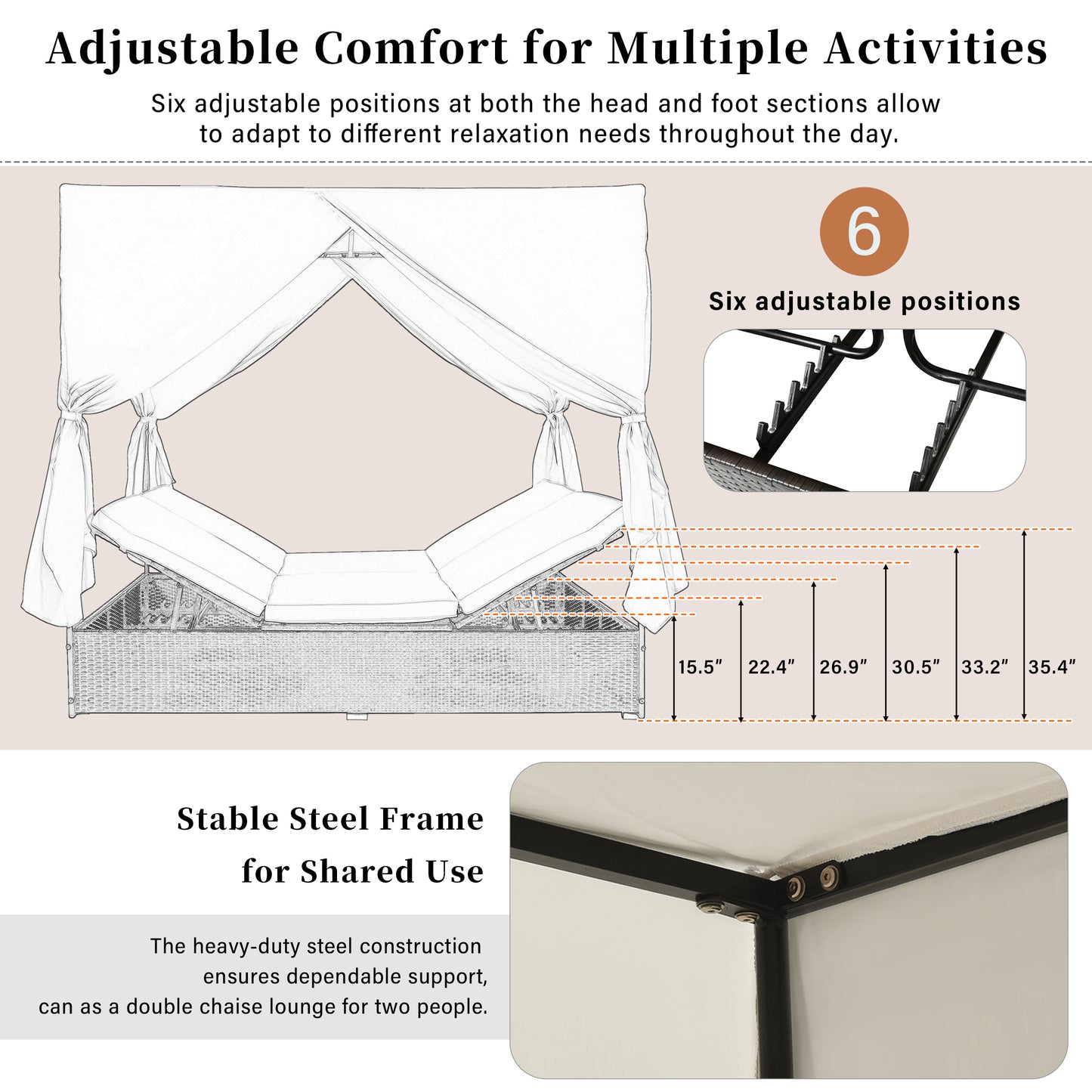 U_STYLE Outdoor Double Chaise Lounge Daybed with Curtains,Patio Outdoor Sunbed with Adjustable Backrest, Sturdy Steel Frame Loveseat Sofa for Backyard,Poolside, Terrace