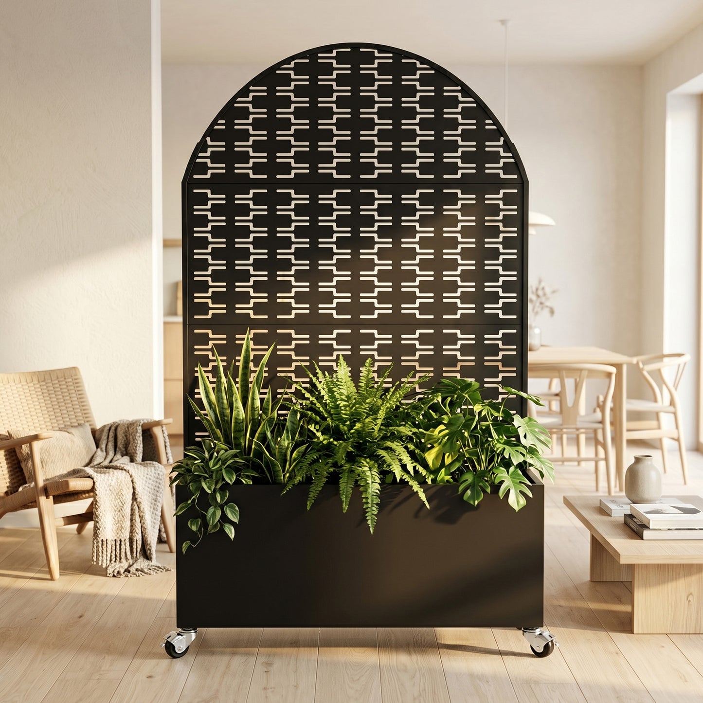 Arched Decorative Privacy Screen with Planter Box, 70.87" Tall Metal Freestanding Fence Planter, 46.8"×15.75"×16.92" Planter Box for Patio Balcony Backyard