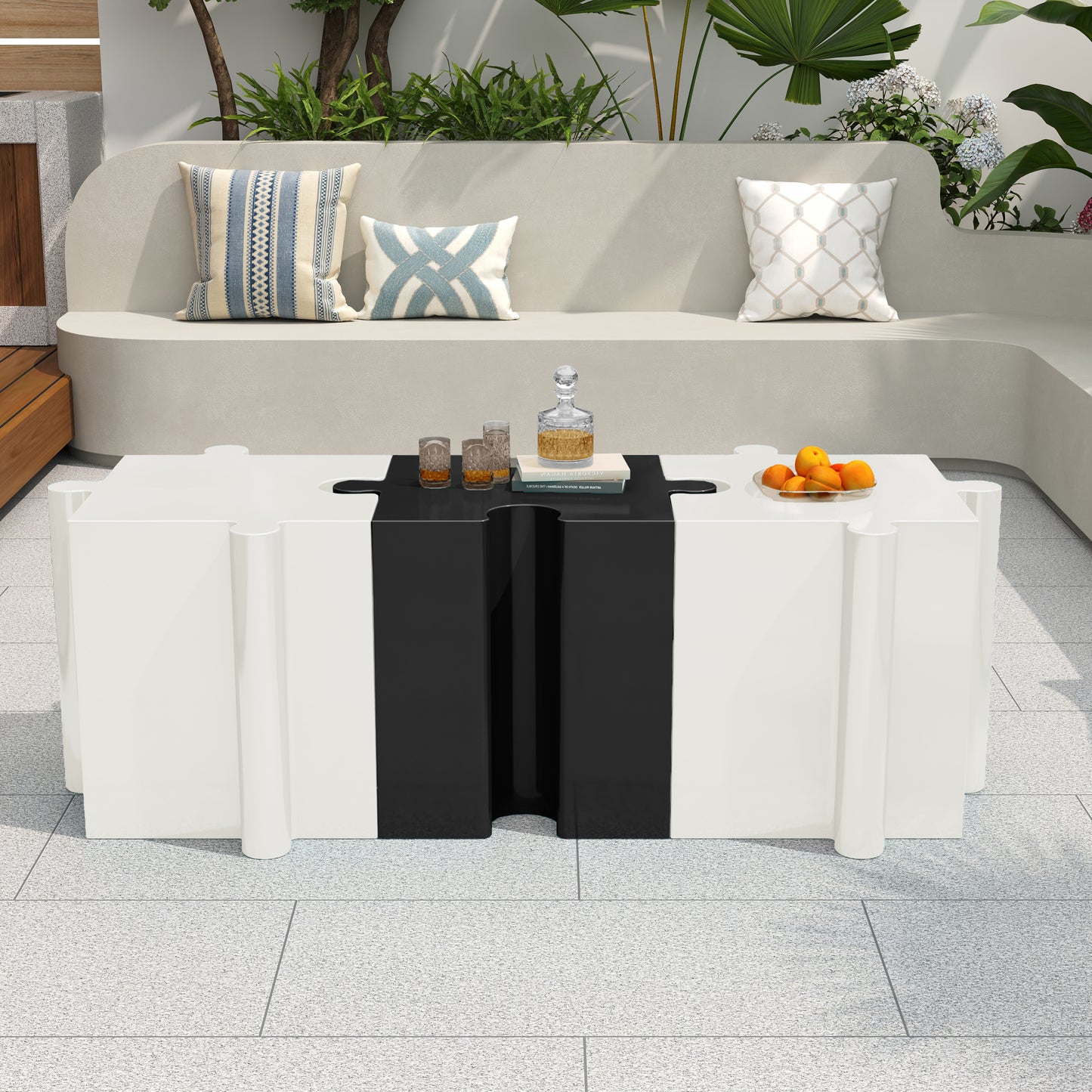 3-Piece Artistic Puzzle Table Set,Modular MGO Side Tables with Interlocking Design (2 Convex & 1 Concave), 200lb Capacity for Indoor & Outdoor,White & Black Color