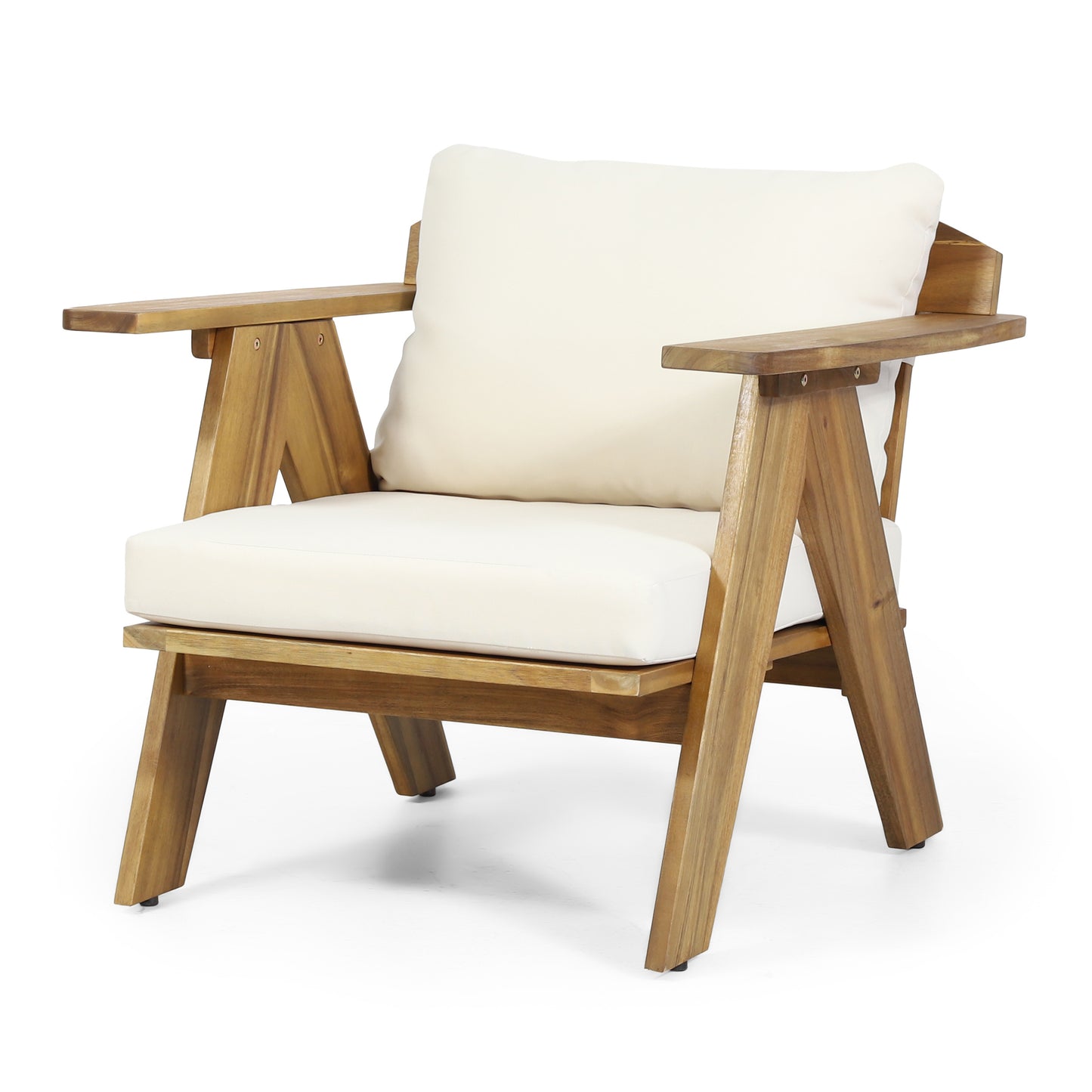 Outdoor Acacia Wood Club Chairs with Cushions (Set of 2), Teak Finish+ Beige, 30.75" W x 30.25" D x 26.00" H
