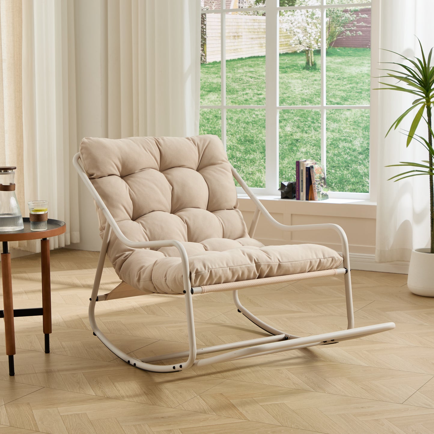 Outdoor Rocking Chair, Comfy Cushion, with Soft Thick Cushion,for Living Room, Bedroom, Reading Room, Beige Frame with Beige Cushion