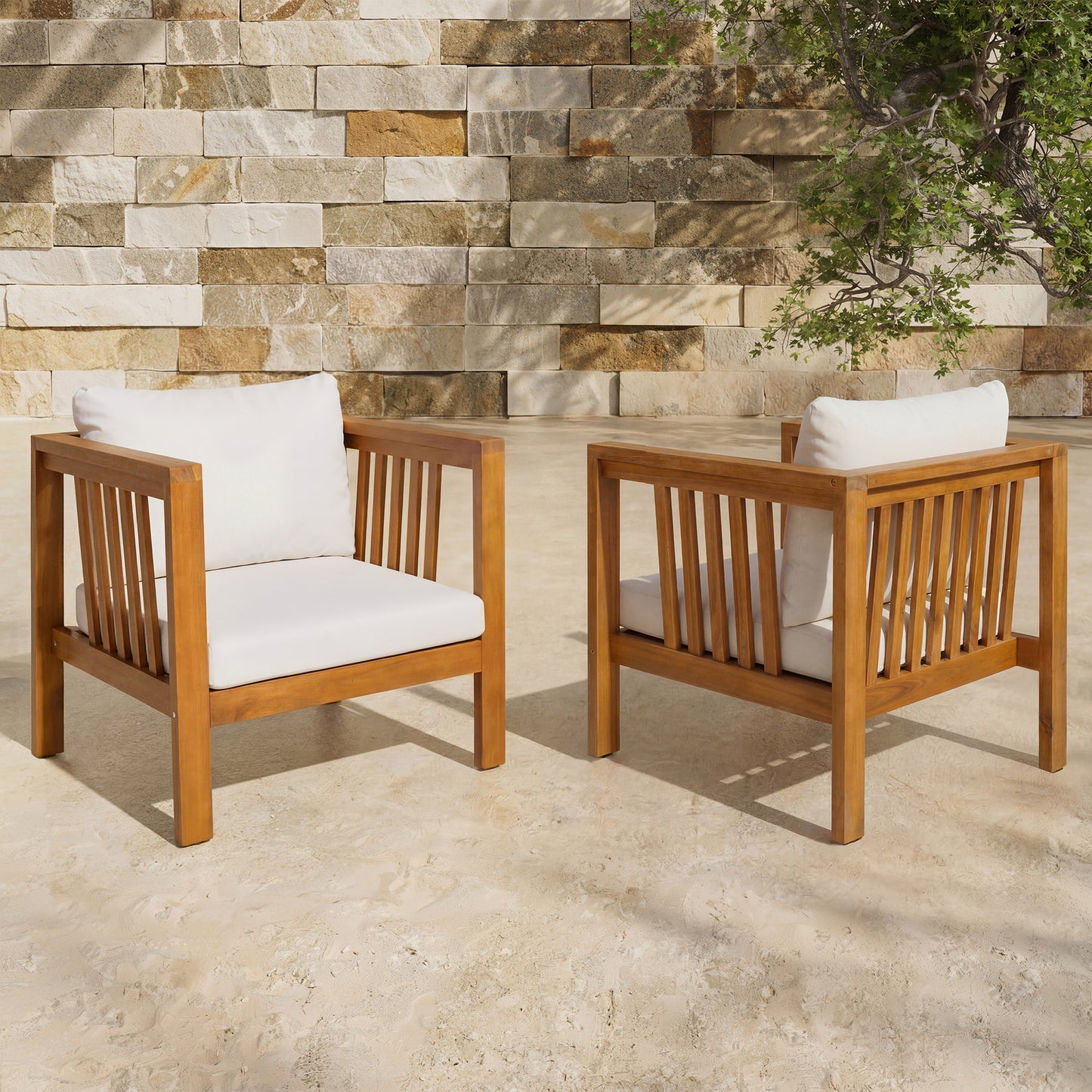 Set of 2 Outdoor Acacia Wood Club Chairs with Modern Square Arms, 2-Piece Patio Conversation Set with Thick Cushions, Adjustable Leveling Feet for Poolside, Backyard & Deck, Beige Cushions