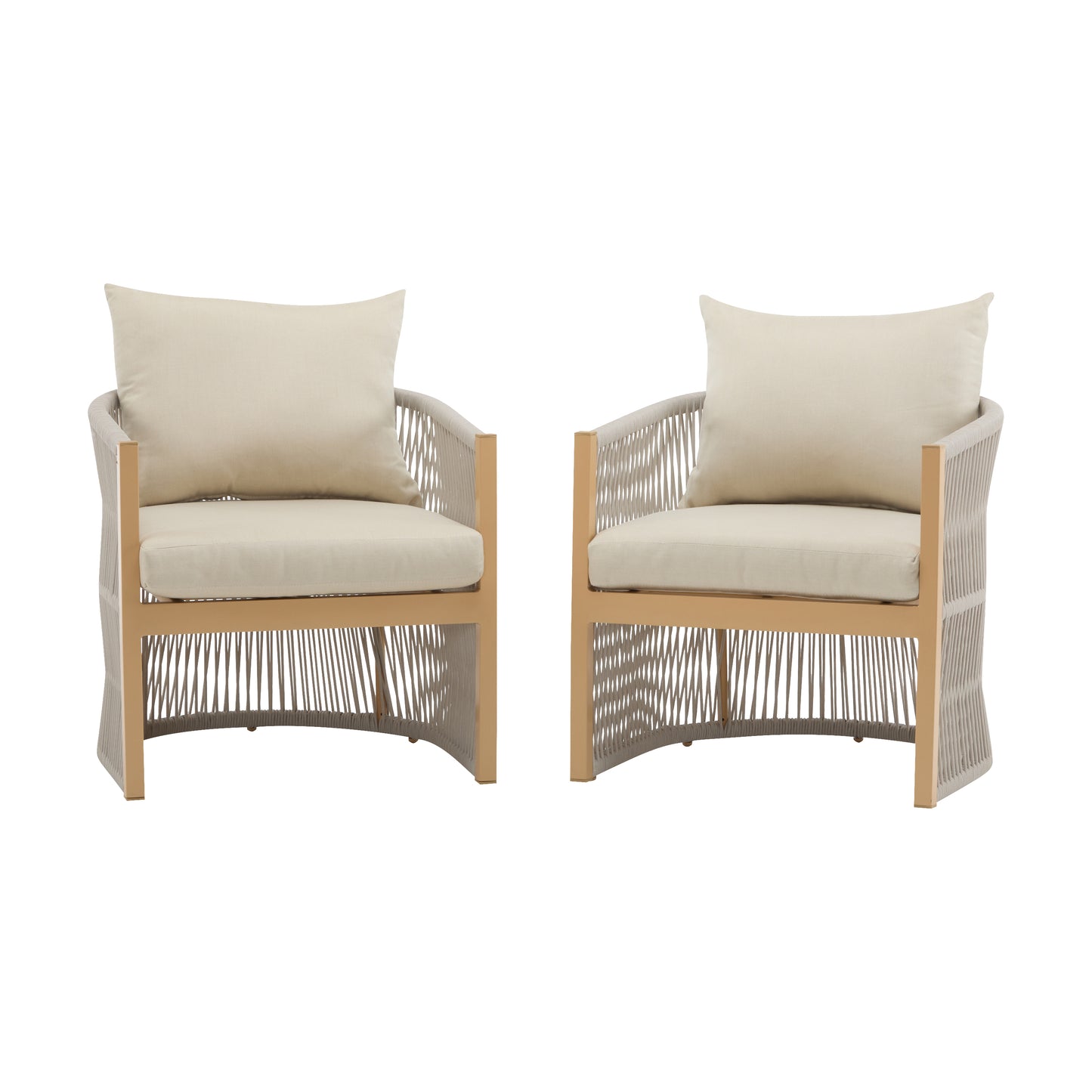 Modern Beige Curved Aluminum Lounge Chair with Stylish Rope-Weave Design and Cushioned Comfort, Perfect for Outdoor Living