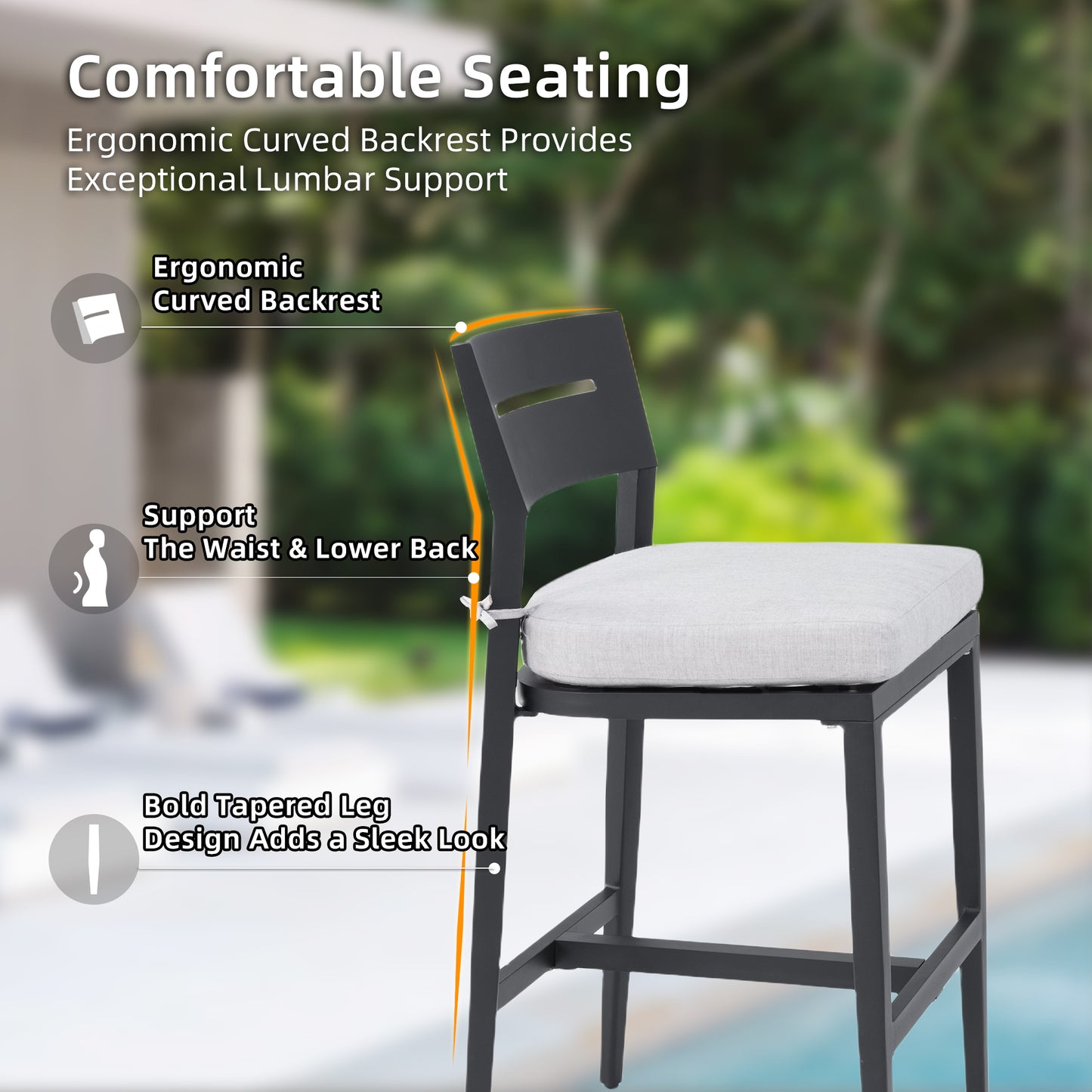 Modern Outdoor 2PC Bar Stools, Aluminum Patio Bar Chair with Ergonomic Backrest, Tapered Legs, Footrest, Ember Black, Sunbrella Cushion, Weather-Resistant, for Garden, Poolside, and Kitchen Island