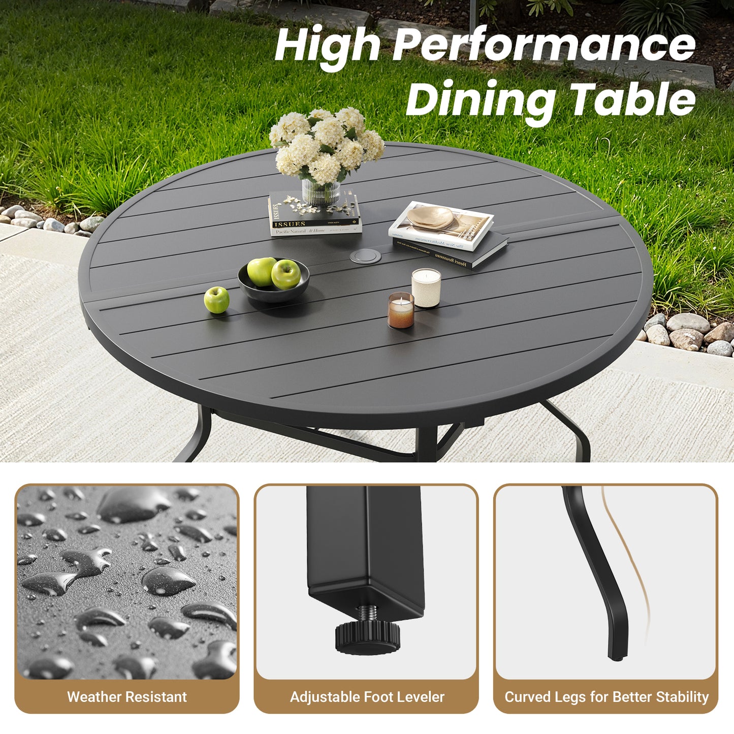 Round Outdoor Patio Dining Table, 47" Round Patio Table Wood-Like Grain with 1.57" Umbrella Hole, Metal Outdoor Dining Tables for Backyard and Poolside