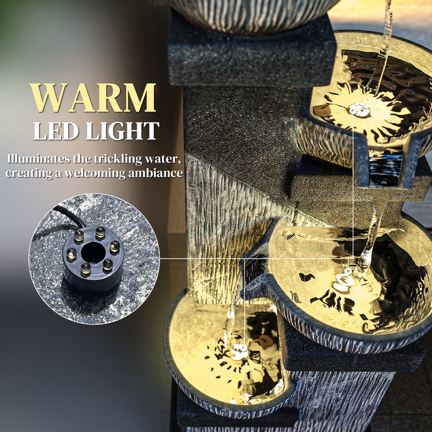 Outsunny 33.5" Outdoor Water Fountain, 4-Tier Floor Standing Resin Cascading Bowls Waterfall Fountain with LED Lights, Pump