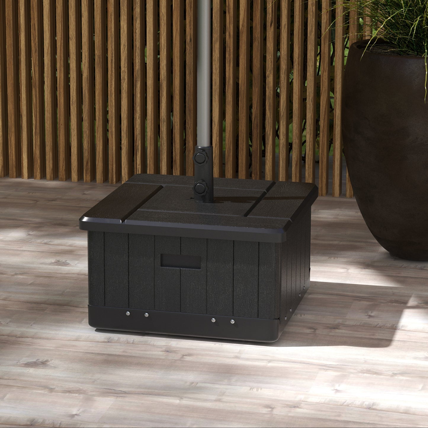 Outsunny 3-in-1 Outdoor Umbrella Base, Coffee End Table, Flower Box Planter with Drain Hole, 175 lbs. Capacity Fillable Patio Umbrella Stand Table with Wheels and Handles, Black