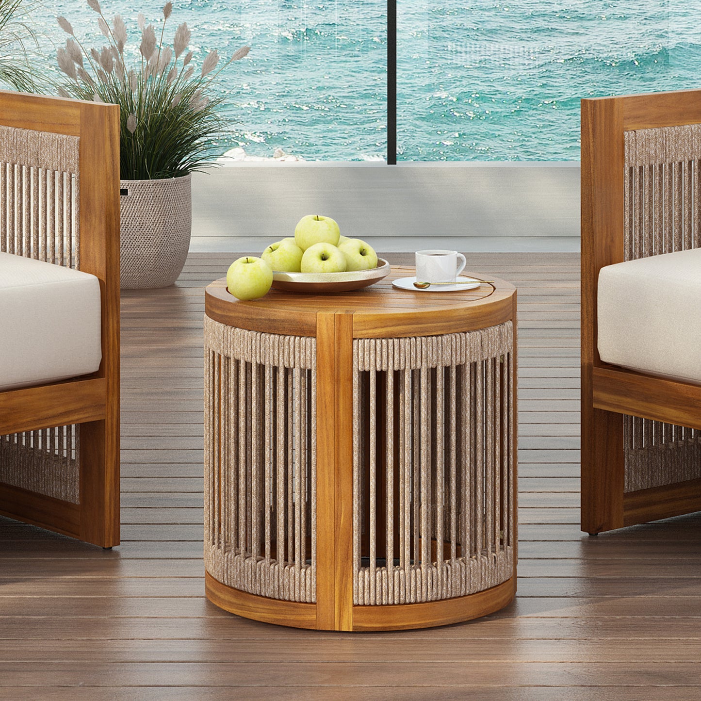 16.9" Acacia Wood Outdoor Side Table - Handwoven Rope Accent Boho Patio Table with All-Weather Durability