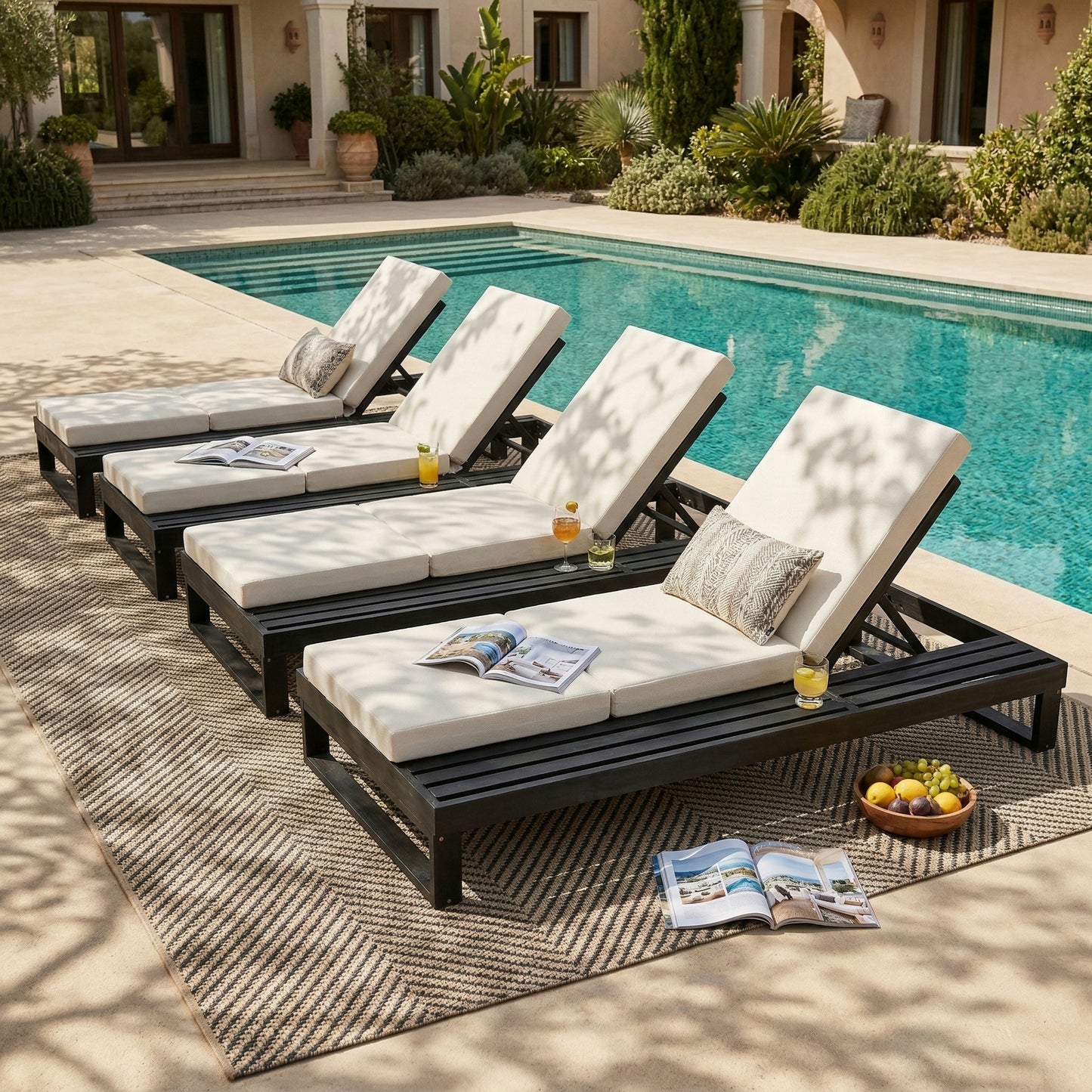 Black Acacia Wood Chaise Lounge with 4-Inch Cream 3-Fold Cushion Set, 4-Position Adjustable Outdoor Patio Lounger with Flat Side Surface, for Poolside-Matching dark grey version available