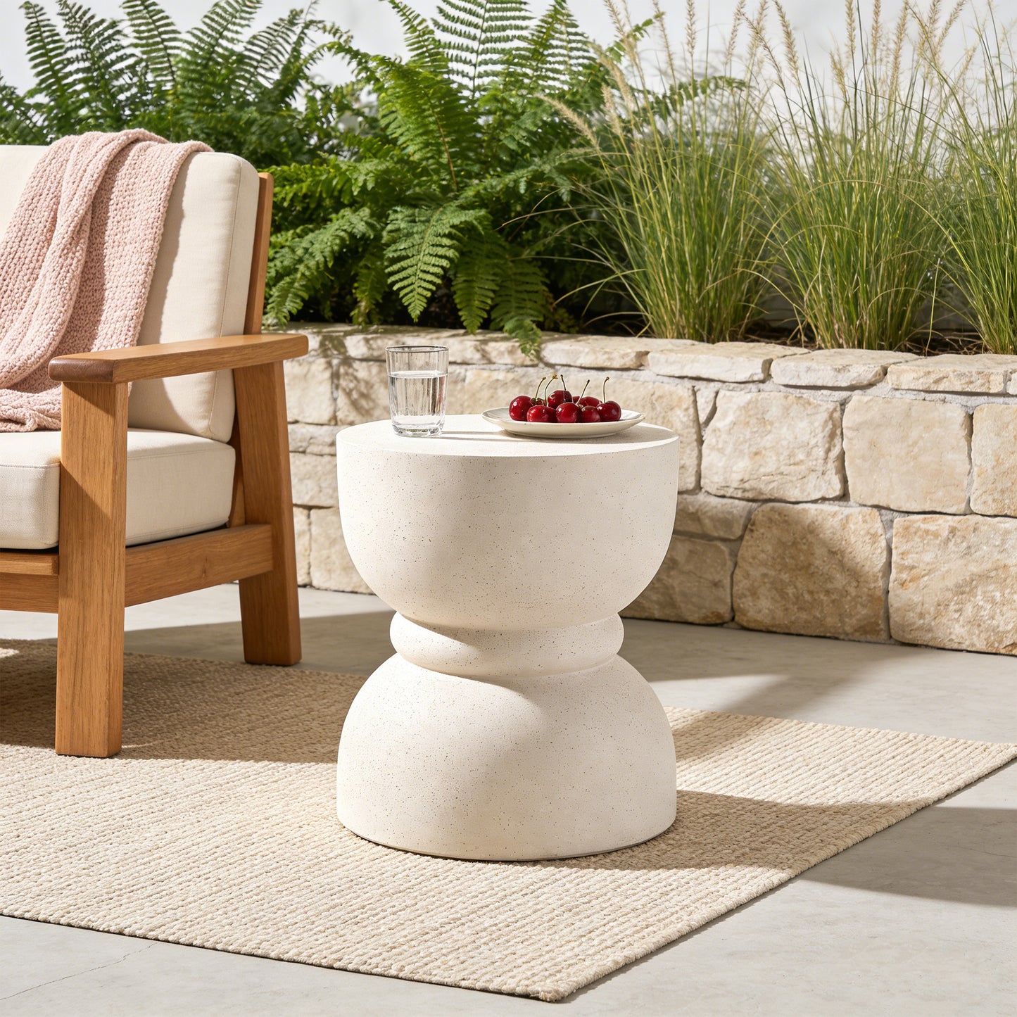 U_Style Outdoor Concrete Side Table,Rounded Waist Outdoor End Tables, Decorative Garden Stools for Indoor Outdoor With Imitation Natural Stone Texture Patio Accent Side Table