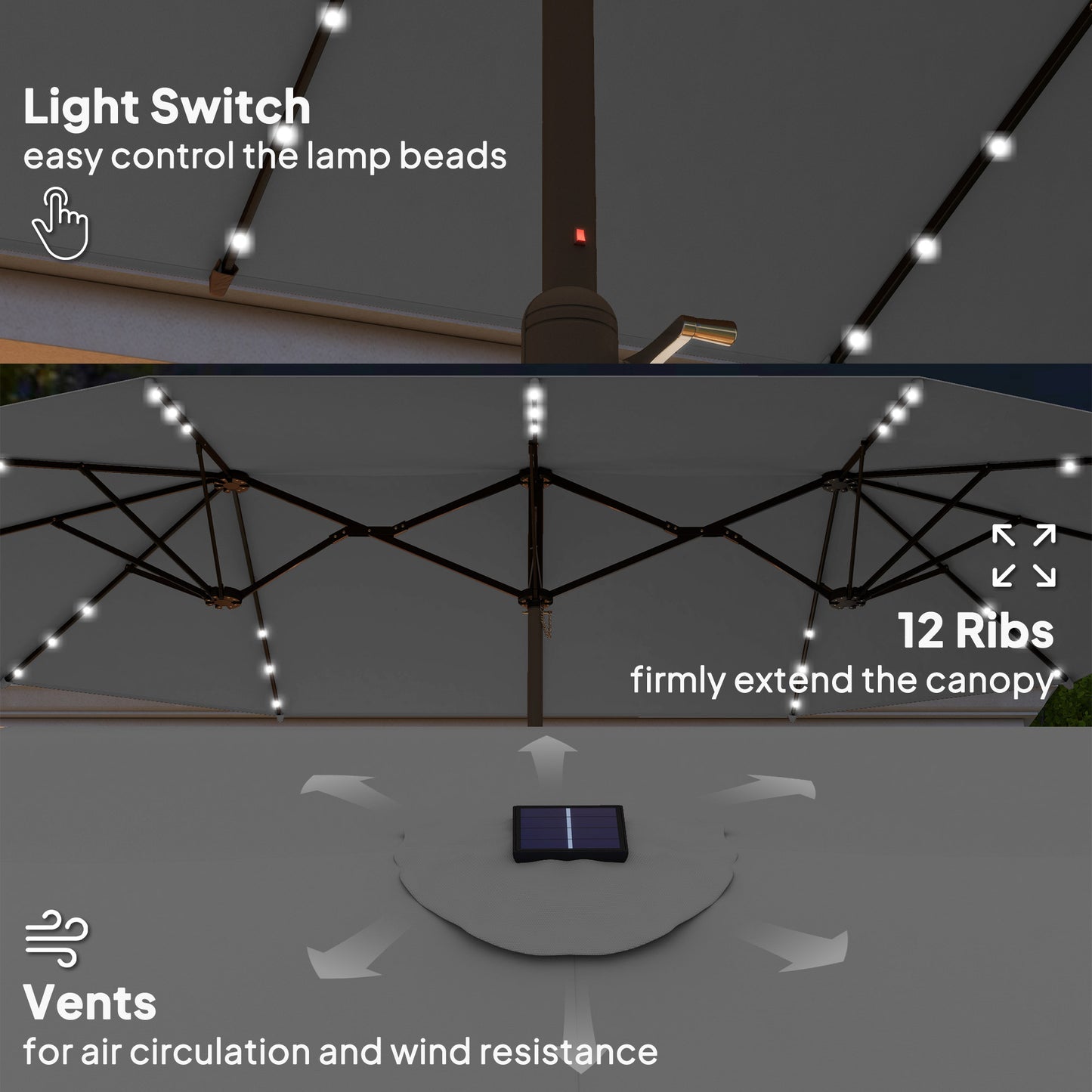 Outsunny Double-Sided Sun Umbrella, Outdoor Garden Parasol, Patio Sun Shade with LED Solar Light, Sand Base, Gray