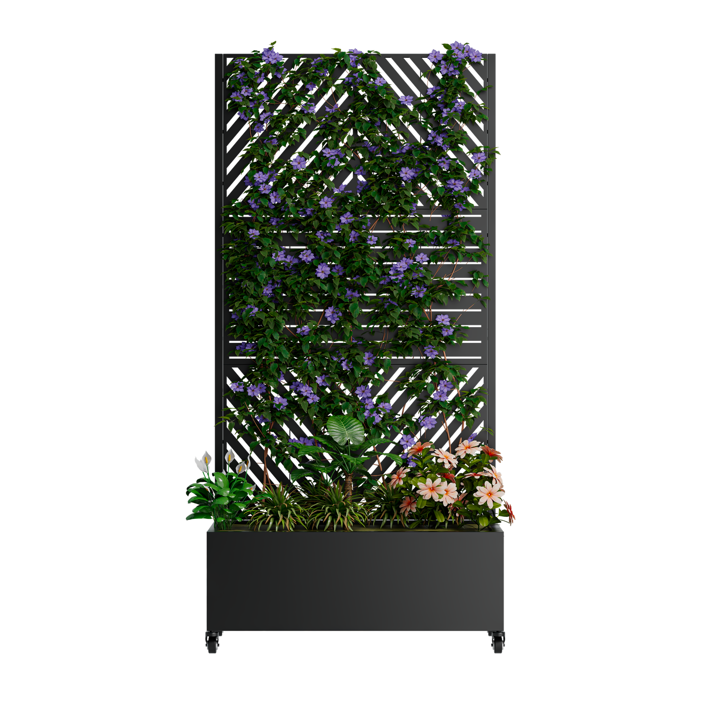 Metal Planter Box with Trellis, 73"x35"x16 Metal Raised Garden Bed with Trellis, Metal Planter Box with Drainage Holes & Lockable Wheels & Privacy Screen for Climbing Plants, Vegetables, Vines