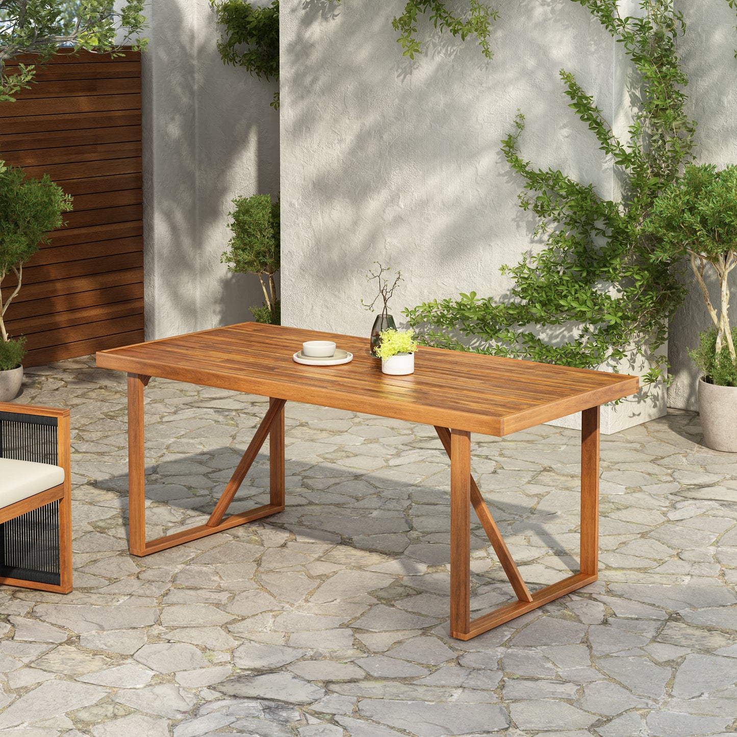 67" Acacia Wood Outdoor Dining Table , Ideal for Patio & Garden Gatherings, Teak Finish