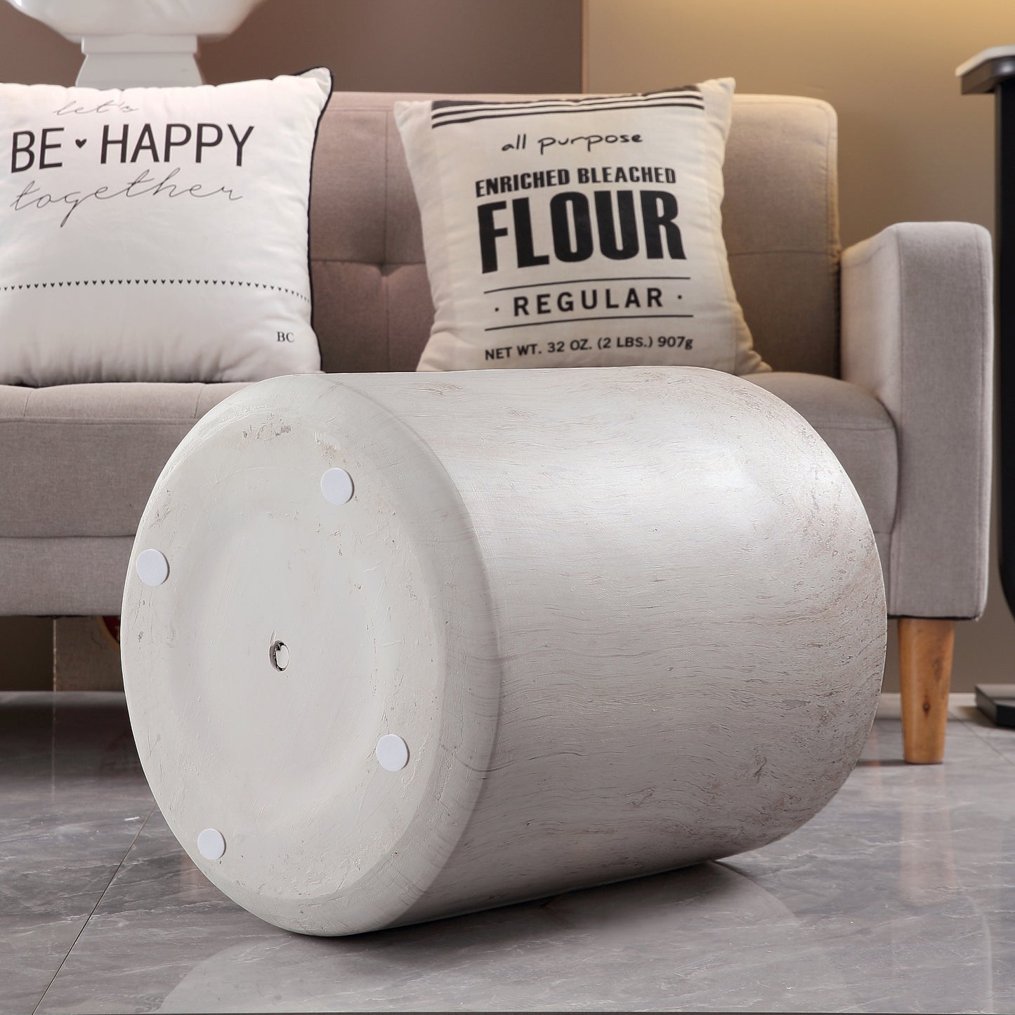 Light Travertine Finish Magnesium Oxide Drum Side Table   15.75" Diameter Round End Table