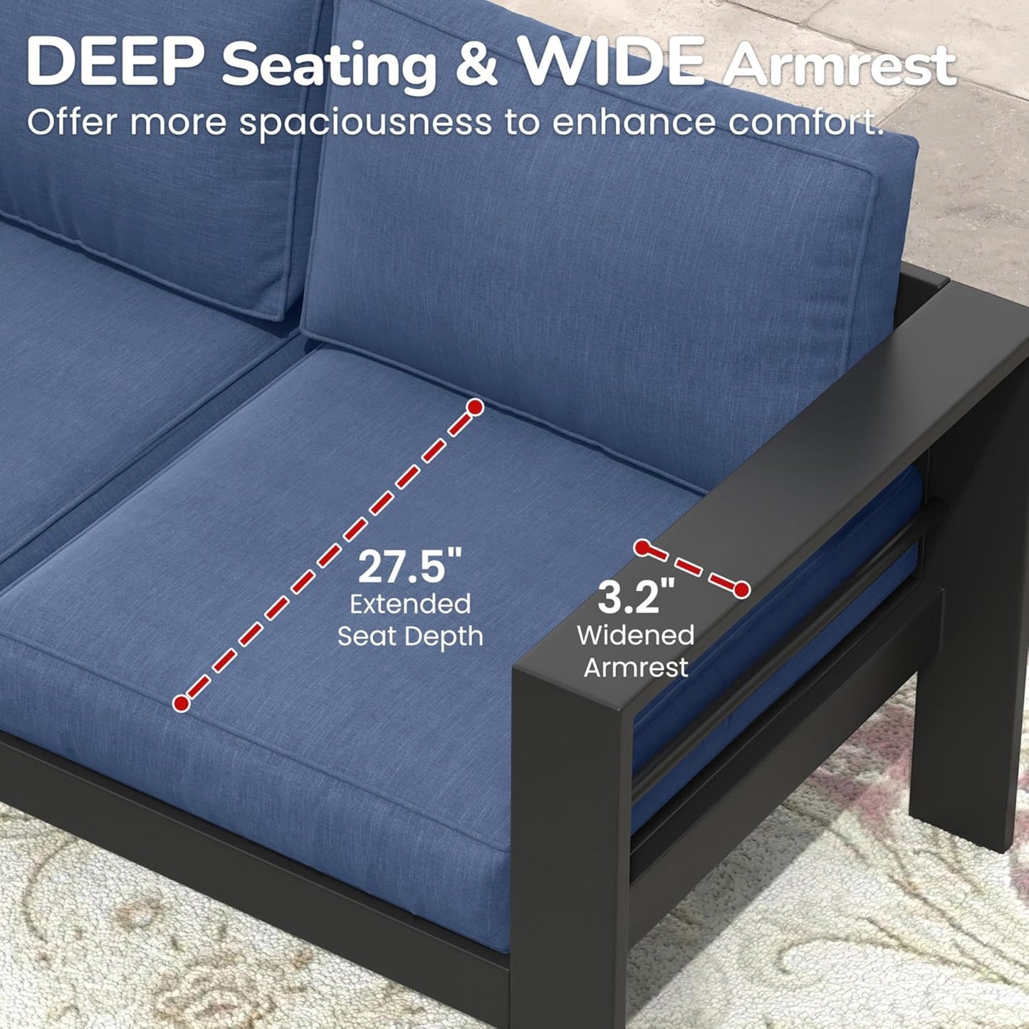 2-Pack 28" All-Weather Aluminum Patio Armchairs with Thick Blue Cushions & Black Frame