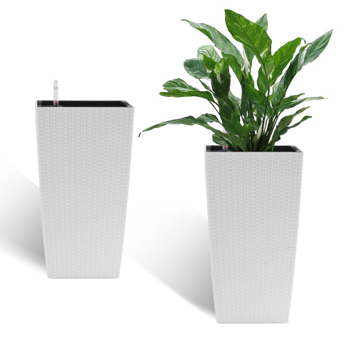 Outdoor Modern Faux Rattan Design Square Planter, Plastic Large Planter With Automatic Watering System For Home And Garden