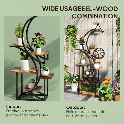 61.8" H 8-Tier S-Shaped Corner Plant Stand with Steel Frame and Fir Wood Base, Space-Saving Rack for Indoor Plants,
