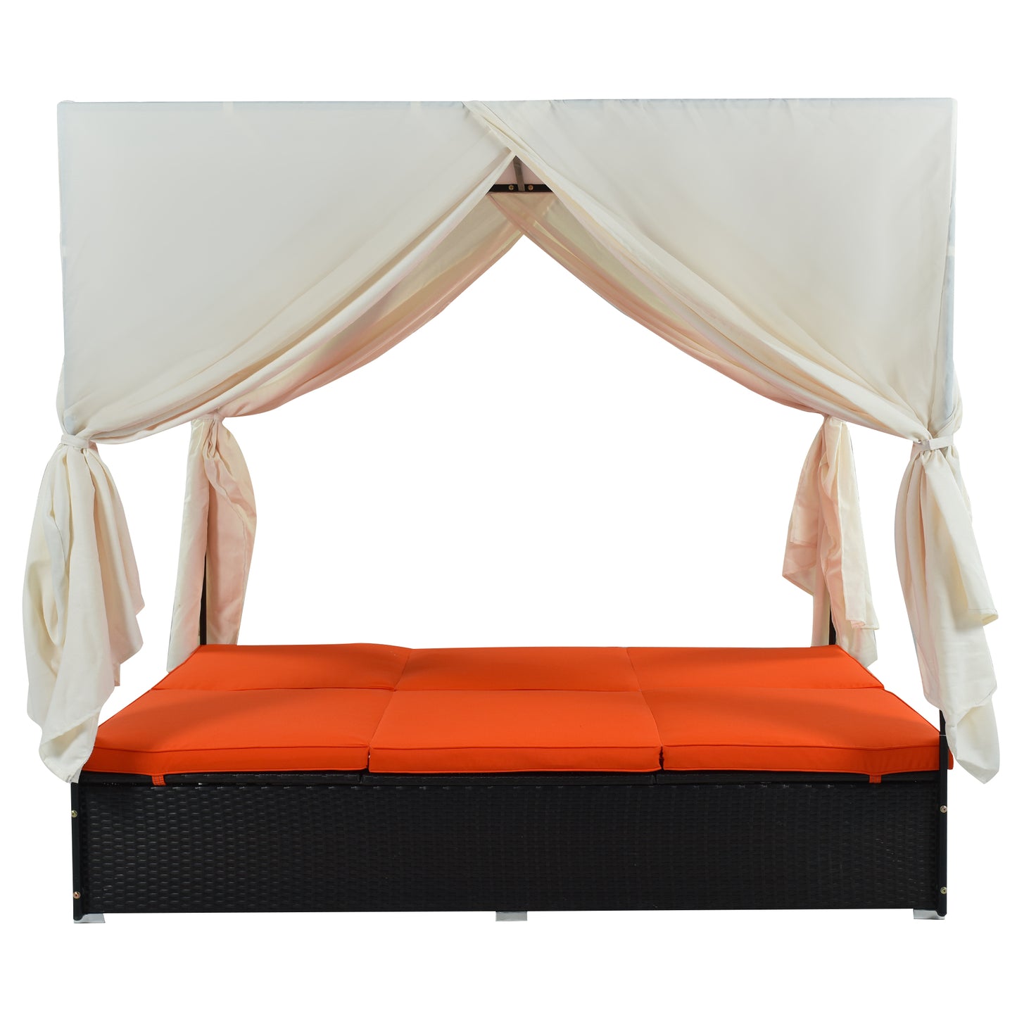 U_STYLE Outdoor Double Chaise Lounge Daybed with Curtains,Patio Outdoor Sunbed with Adjustable Backrest, Sturdy Steel Frame Loveseat Sofa for Backyard,Poolside, Terrace