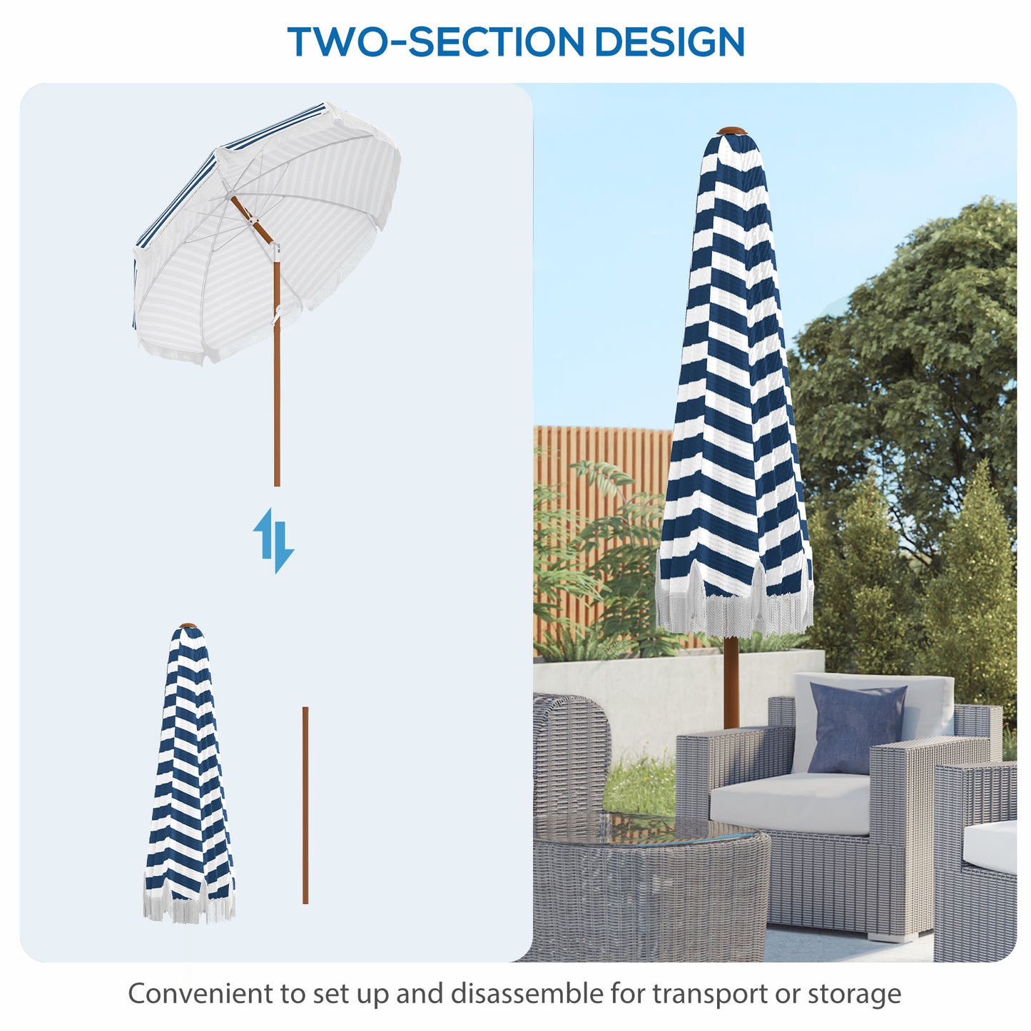 Outsunny 7 x 7 ft Outdoor Patio Umbrella with Tilt, Vent, Market Table Umbrella Parasol with Fringed Ruffles and Flounce, Blue Strip