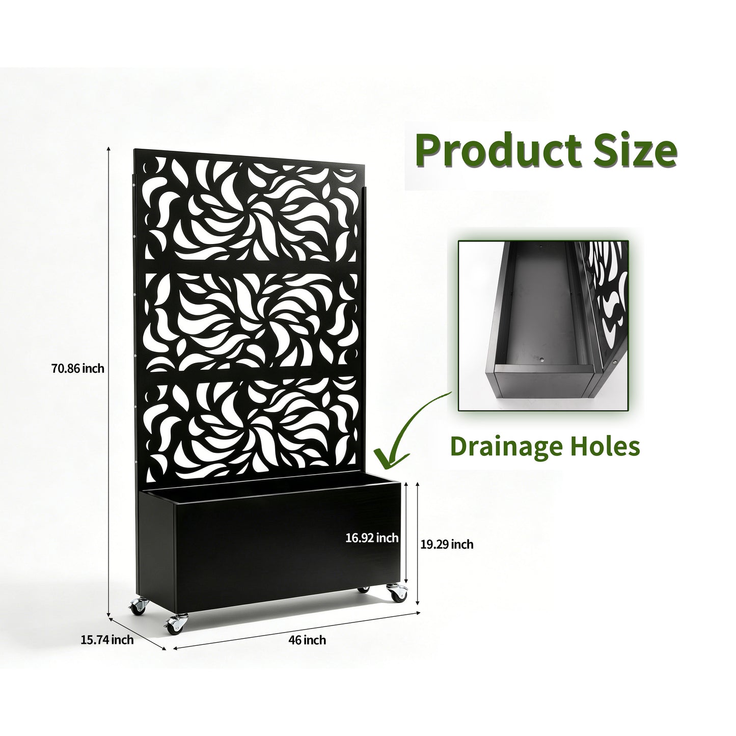 70.87" H × 46.06" W Leaf Pattern Privacy Screen with Planter Box, Black Metal Freestanding Decorative Fence Planter for Patio Balcony Backyard