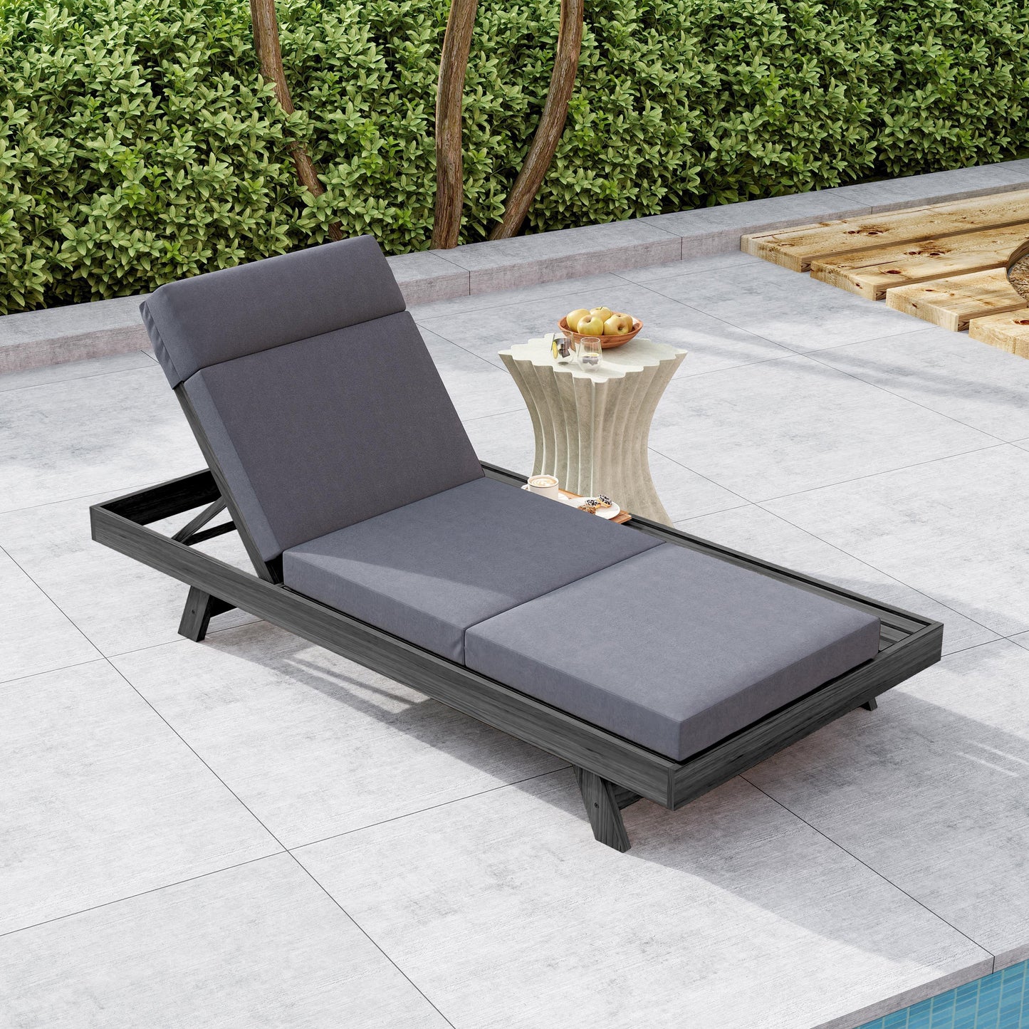 Lounge Chaise Set With Headrest, Space Available On One Side, Acacia Wood In Black With Water-Resistant Lounge Cushions (Dark Grey & 3-Fold & 4 Inch) – Matching Cream/Beige Version Available