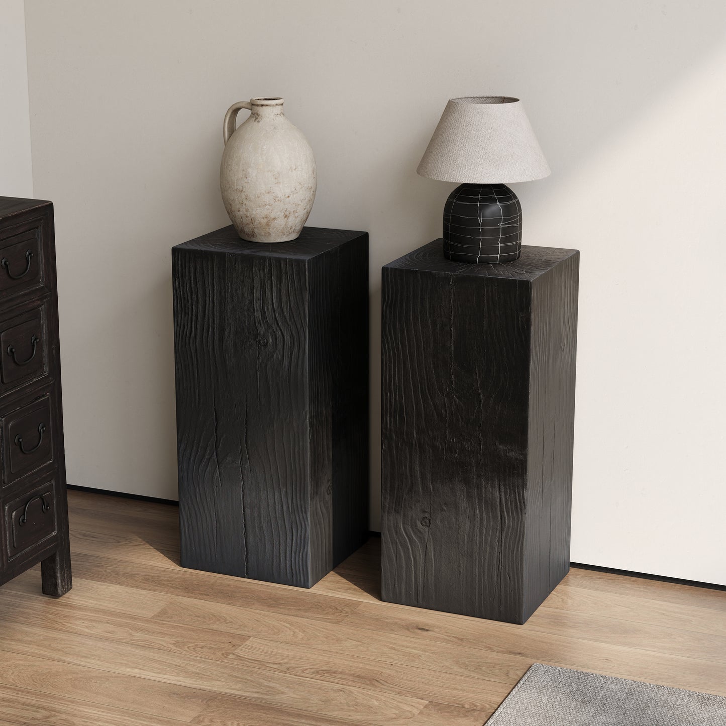Wood-Look Square-Column MGO End Table,  H33.75",Wood-Like Distressed Finish, Mix with Different Heights, Indoor Outdoor Use,Black Color