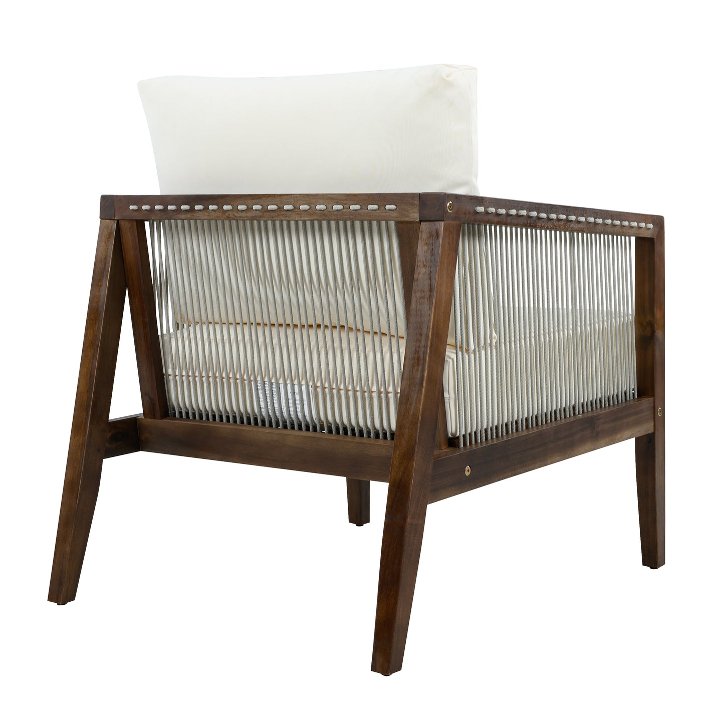 Outdoor Club Chair, Acacia Wood Frame with Rope Back, Water-Repellent Beige Cushions for Patio/Backyard/Deck, Dark Brown