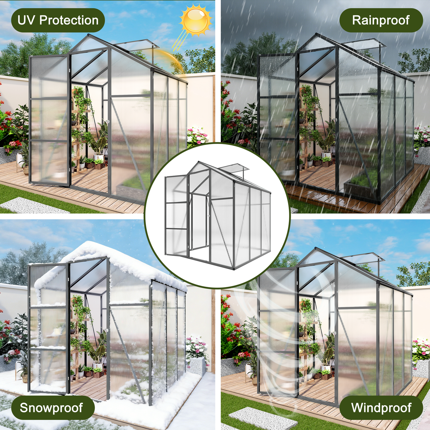 6x6FT Walk-in Outdoor Greenhouse - Polycarbonate Garden Greenhouse with Sturdy Aluminum Frame, Adjustable Vents, Lockable Door & UV Protection for Backyard
