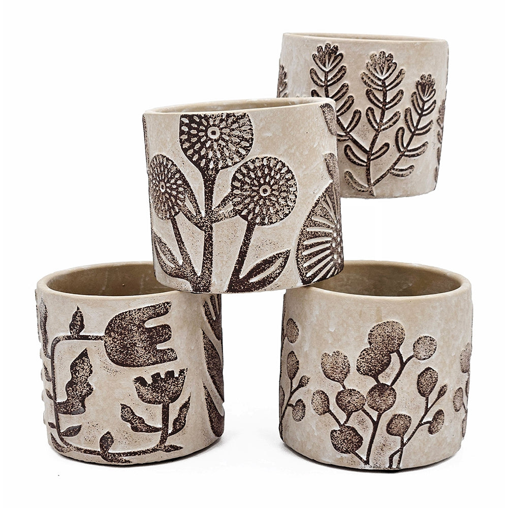 Set of 4 4.3x4.3x4" Gray Sand and Cement Planters with Brown Botanical Motifs