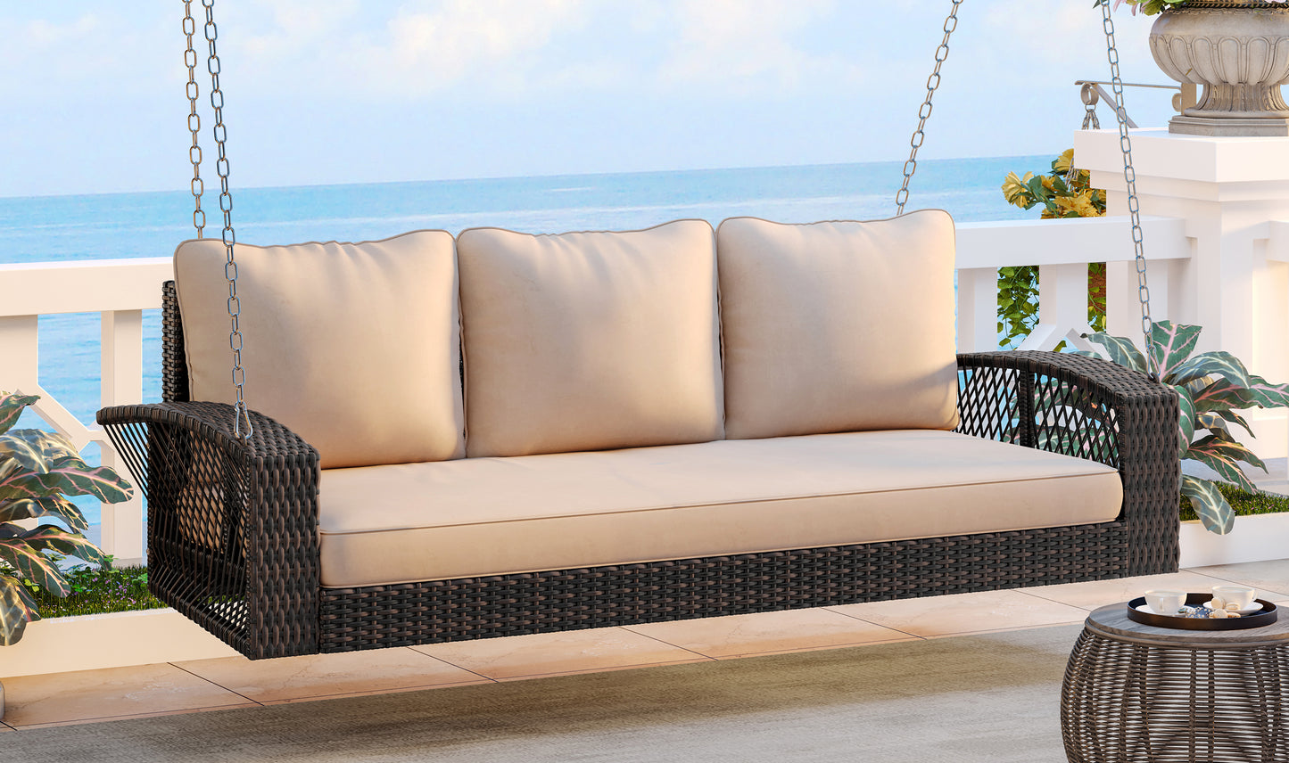 GO 69" PE Wicker 3-Person Porch Swing with Chains, Large Patio Swing Bench with Cushions for Backyard, Garden, and Poolside, Brown