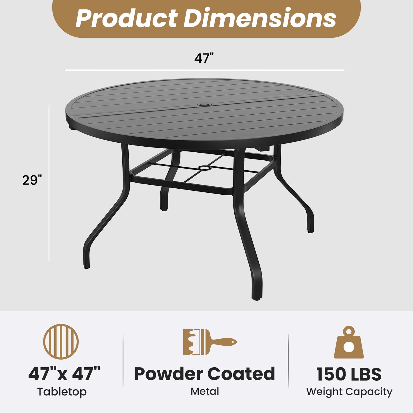 Round Outdoor Patio Dining Table, 47" Round Patio Table Wood-Like Grain with 1.57" Umbrella Hole, Metal Outdoor Dining Tables for Backyard and Poolside