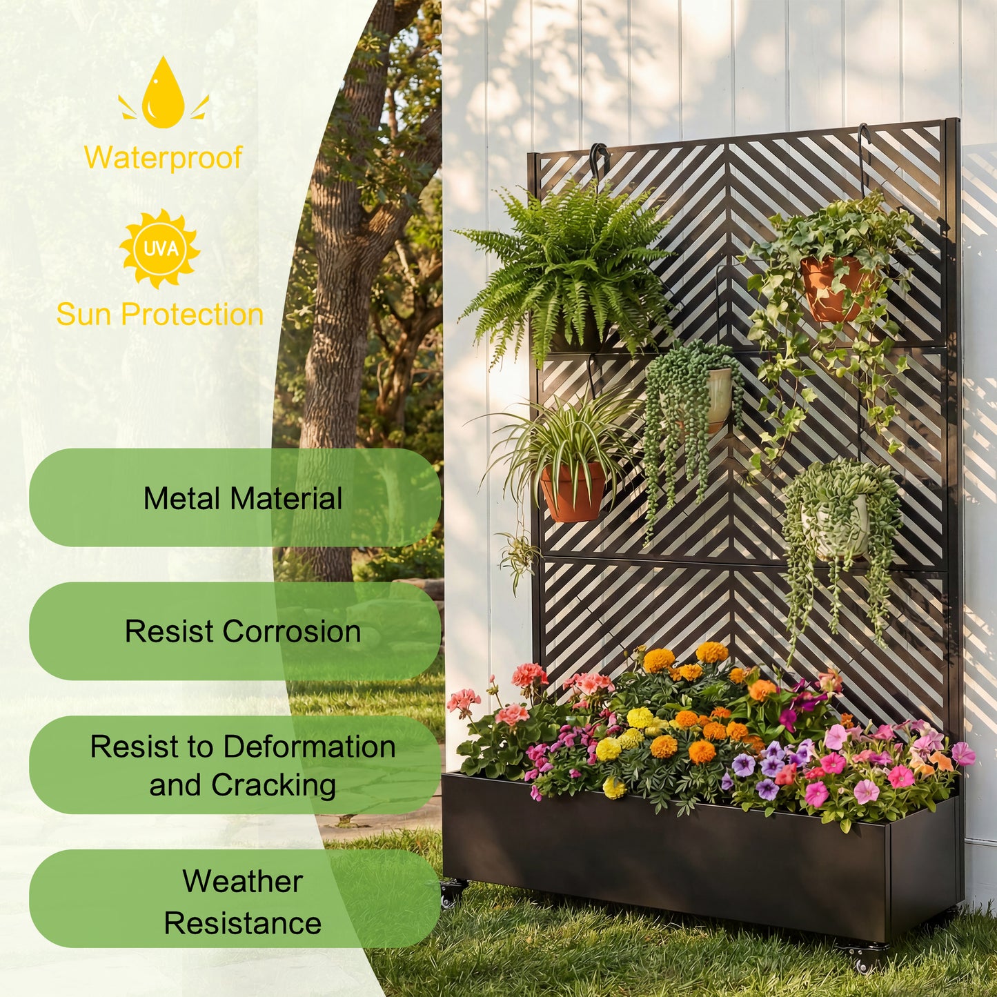 Metal Raised Garden Bed with Wheels and Trellis,73"x47"x16" Planter Box for Climbing Plants, Vegetables & Vines, Features Privacy Screen and Drainage Holes