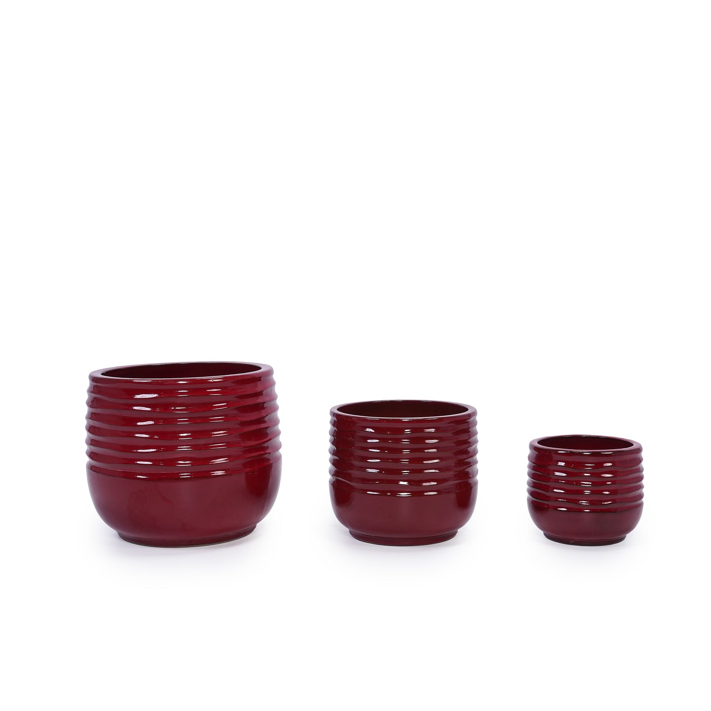 Handmade Glazed Ceramic Planter Set of 3, 15/11/8 Inch Diameter, Horizontal Groove Pattern, for Succulents & Flowering Plants Outdoor Garden & Indoor Staircase Bookshelf Use, Breathable Clay, Deep Red