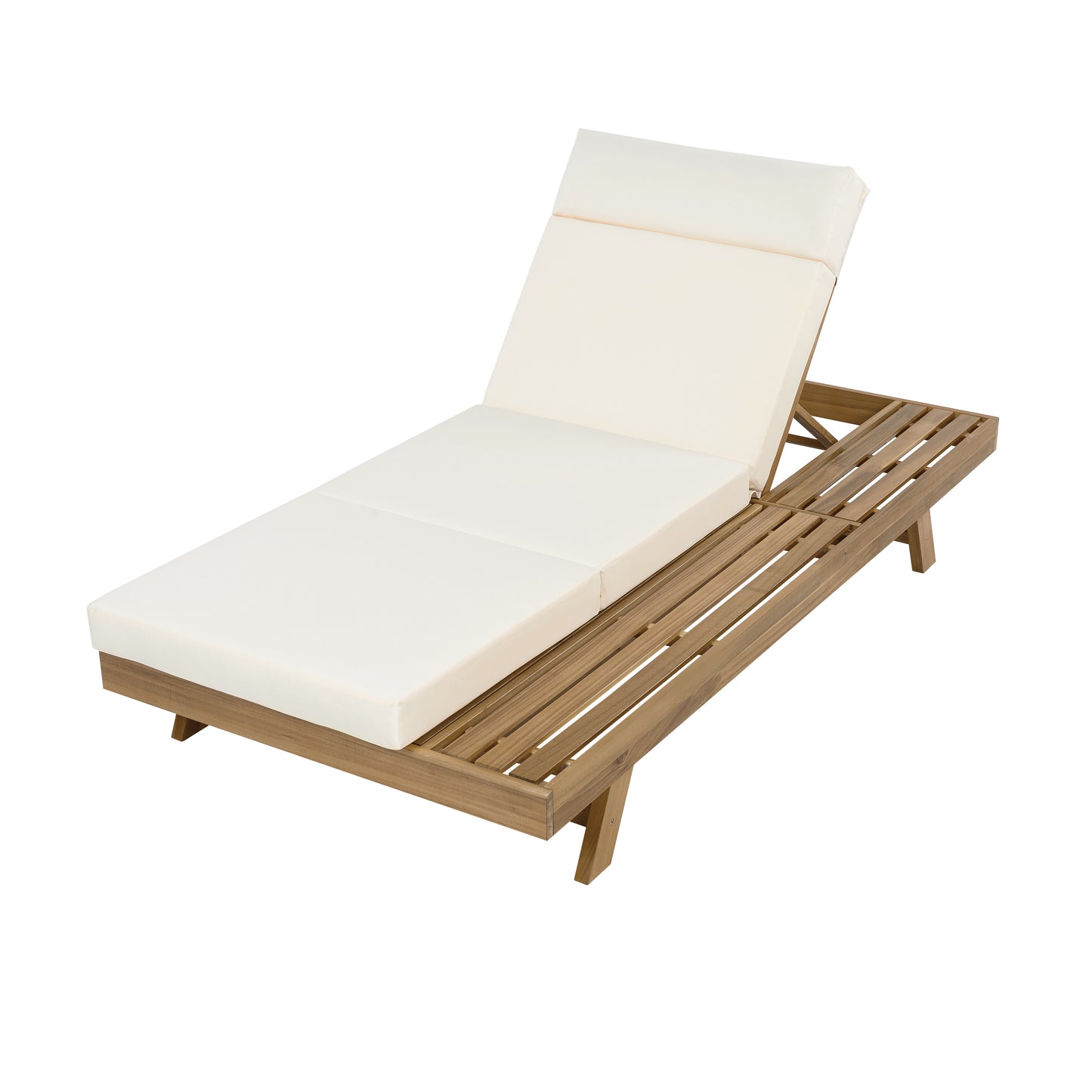 Lounge Chaise Set With Headrest, Space Available On One Side, Acacia Wood In light brown With Water-Resistant Lounge Cushions (Beige & 3-Fold & 4 Inch) – Matching Dark Grey/Cream Version Available