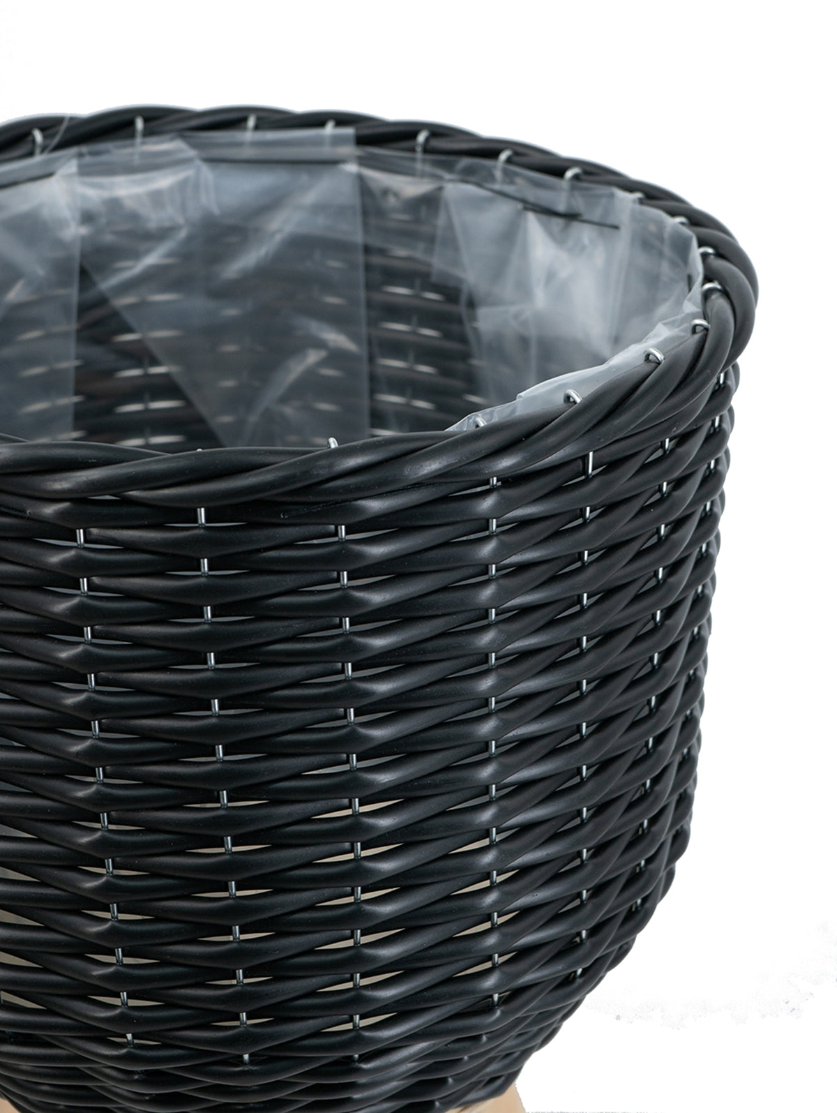 Set of 3 Black Poly Rattan Baskets with Rope Texture and Tapered Wooden Legs, L:12x12x23.5" M:10x10x17.5" S:8x8x13.5"