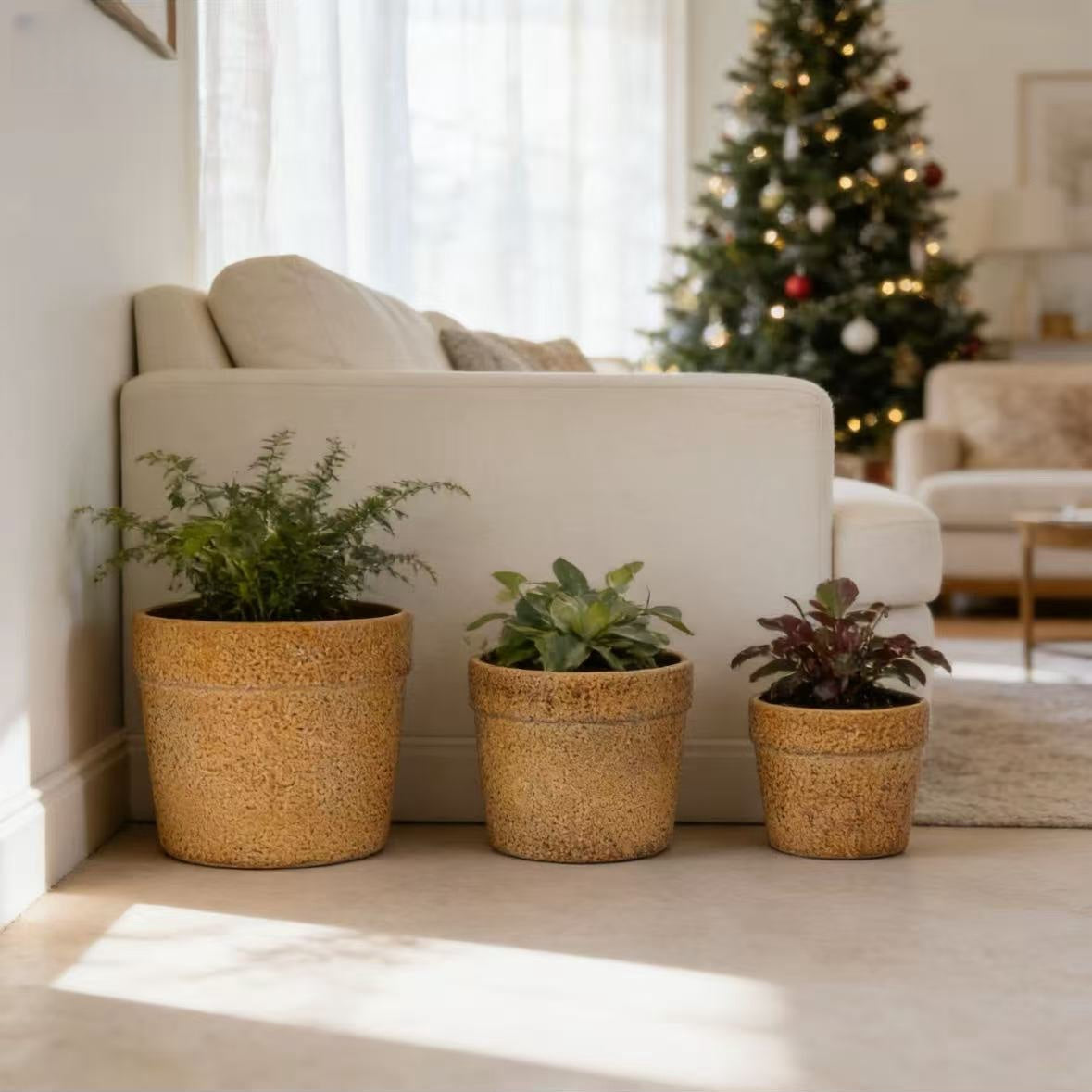 Handmade Ceramic Planter Set of 3, 15/12/9 Inch Diameter, Earth-Tone Speckled Glaze, for Orchids & Indoor Plants, Windowsill & Bookshelf Use, Breathable Clay
