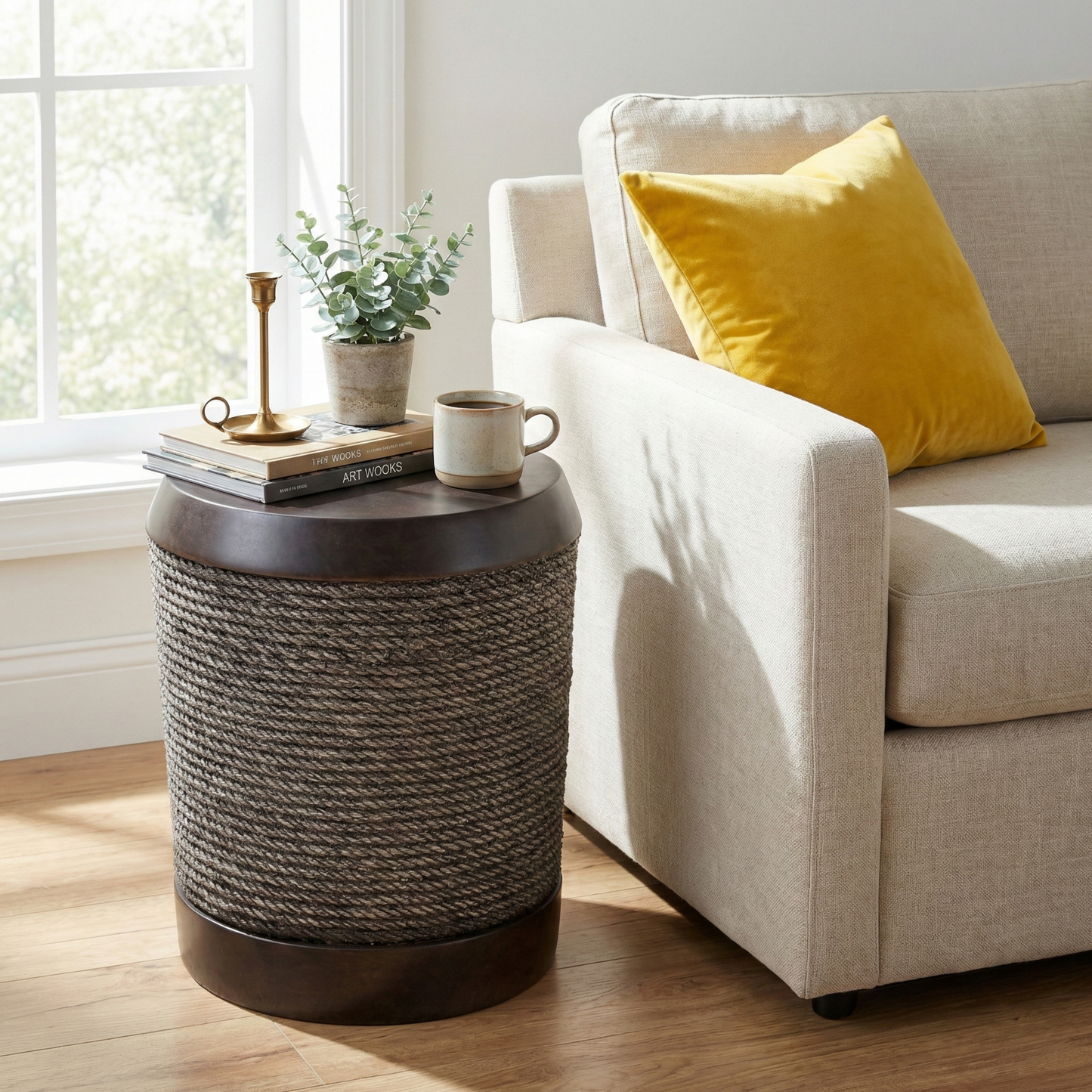 Outdoor Dark Brown Simulated Braided Cord MGO Side Table with Vintage Trim – Indoor Retro Cylindrical End Table for Home & Patio Decor