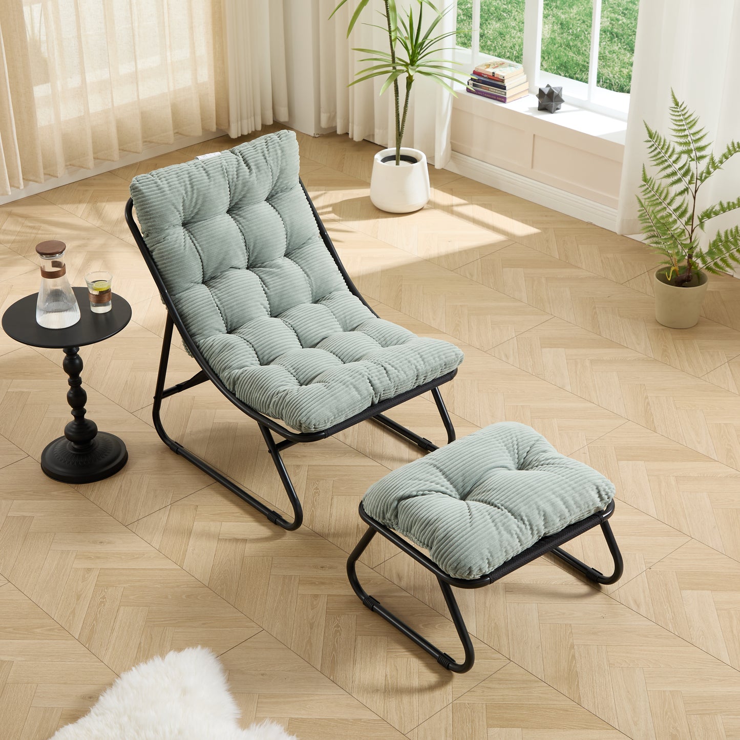 Patio Outdoor Lounge Chair with Ottoman, Comfy Sling Recliner Chair with Puffy Cushion and Foot Stool,  Ideal for Living Room, Bedroom, Reading Room, Black frame with light green Cushion