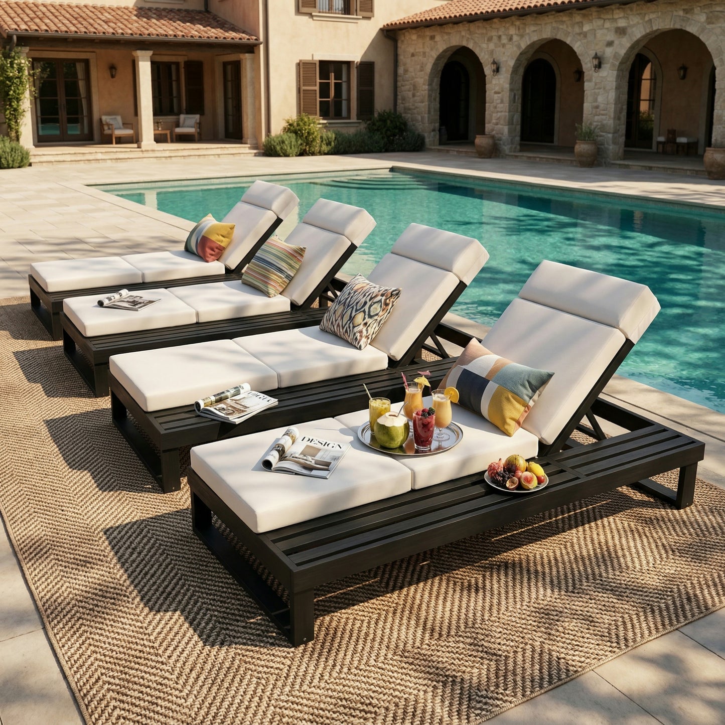 Black Acacia Wood Chaise Lounge with 4-Inch Beige 4-Fold Cushion Set, Adjustable Outdoor Patio Lounger with Flat Side Surface, for Poolside- Matching cream,dark gray version available