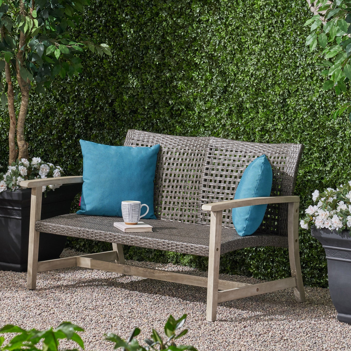 HAMPTON Outdoor Acacia Wood Wicker Loveseat, Patio Furniture Conversation Set for Backyard