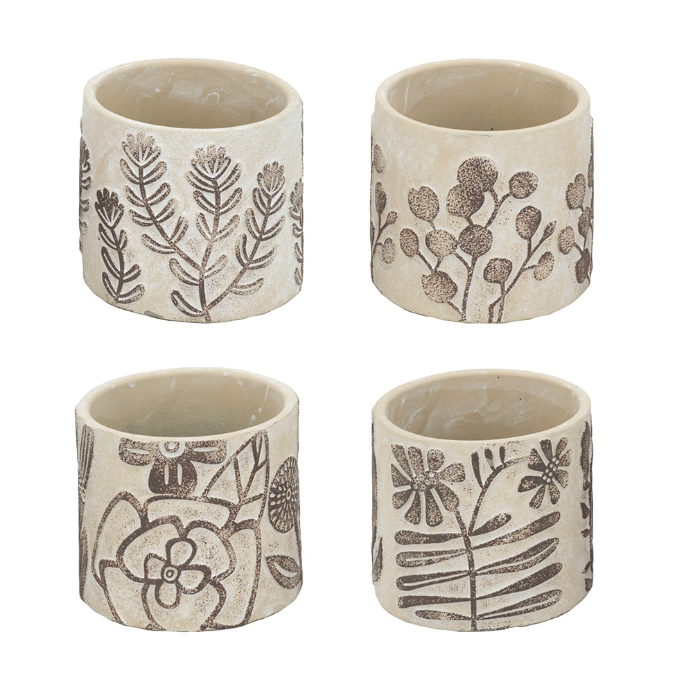 Set of 4 4.3x4.3x4" Gray Sand and Cement Planters with Brown Botanical Motifs