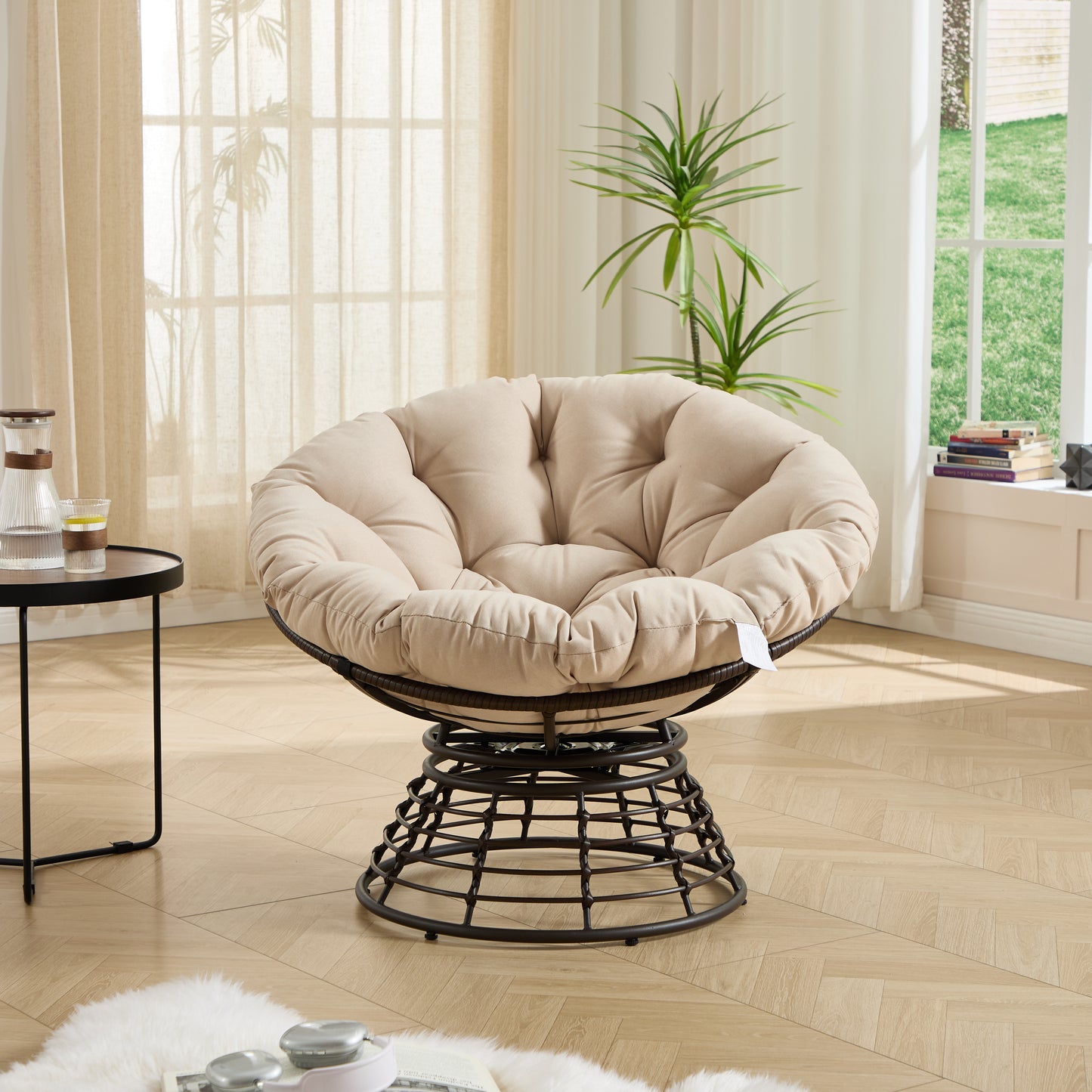 Comfortable Ergonomic Wicker Papasan Chair, 360° Swivel Indoor Outdoor Rattan Chair with Soft Thick Cushion, Ideal for Living Room, Bedroom, Reading Room, Brown Frame with Beige Cushion