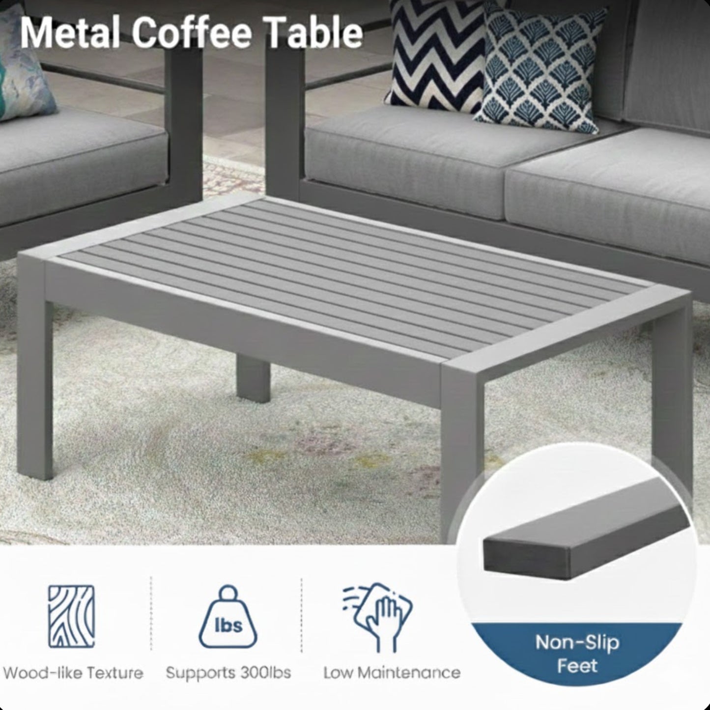 43" x 24" All-Weather Metal Outdoor Coffee Table with Wood-Look Top and Gray Frame