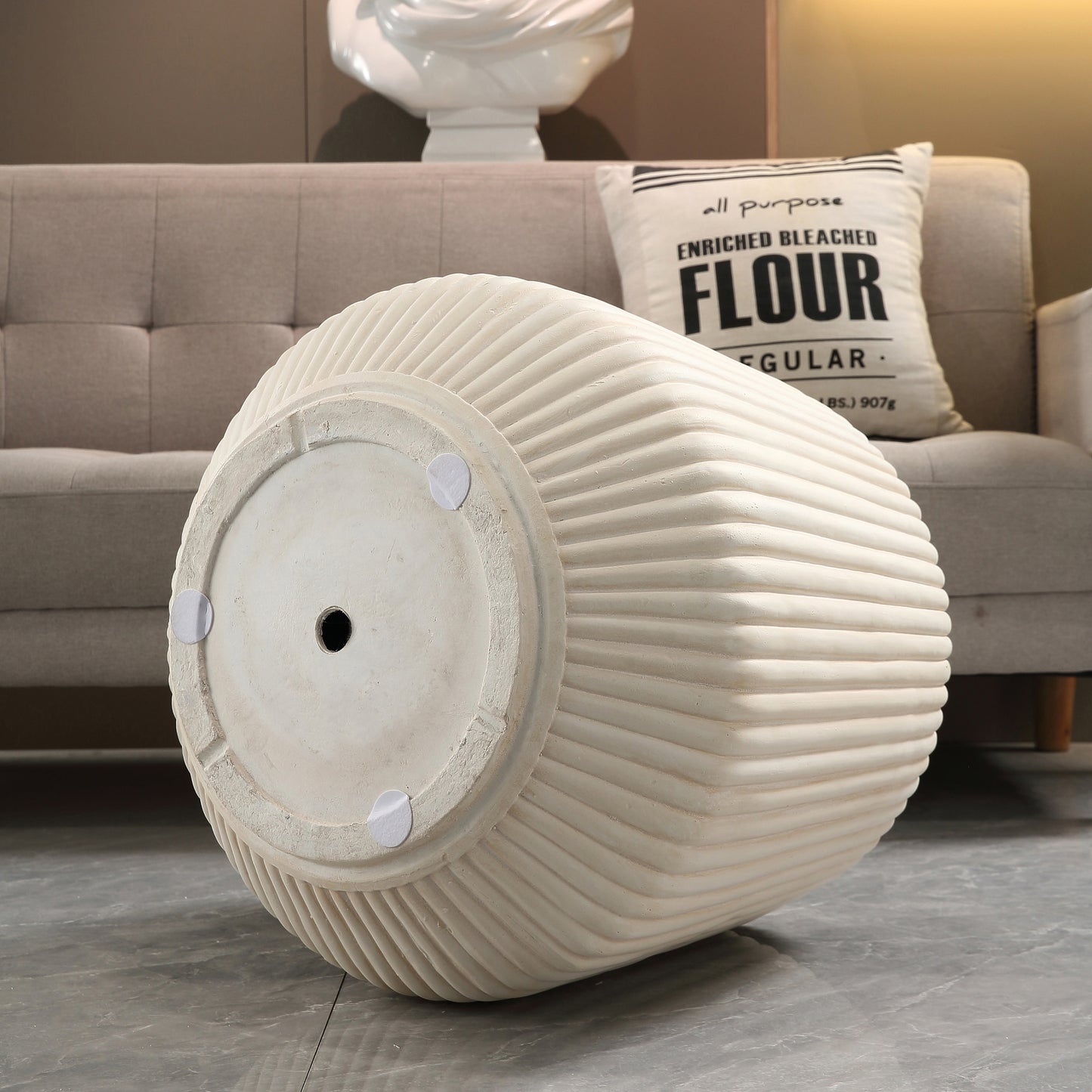 Off-White Magnesium Oxide Fluted Tapered Side Table  16.54" Top Diameter Round End Table