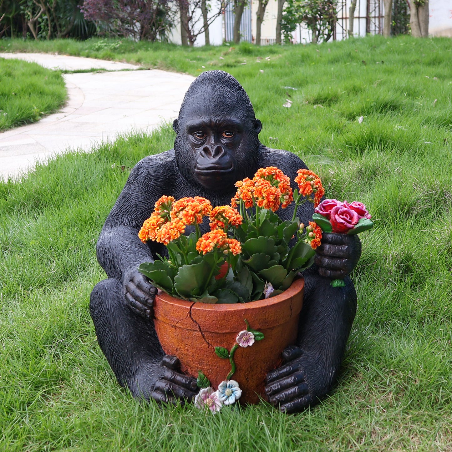 Outdoor Garden Sculpture Chimpanzees  Flower Pot Planter - Unique Yard Statue Decoration, Interesting Law Outdoor Ornament