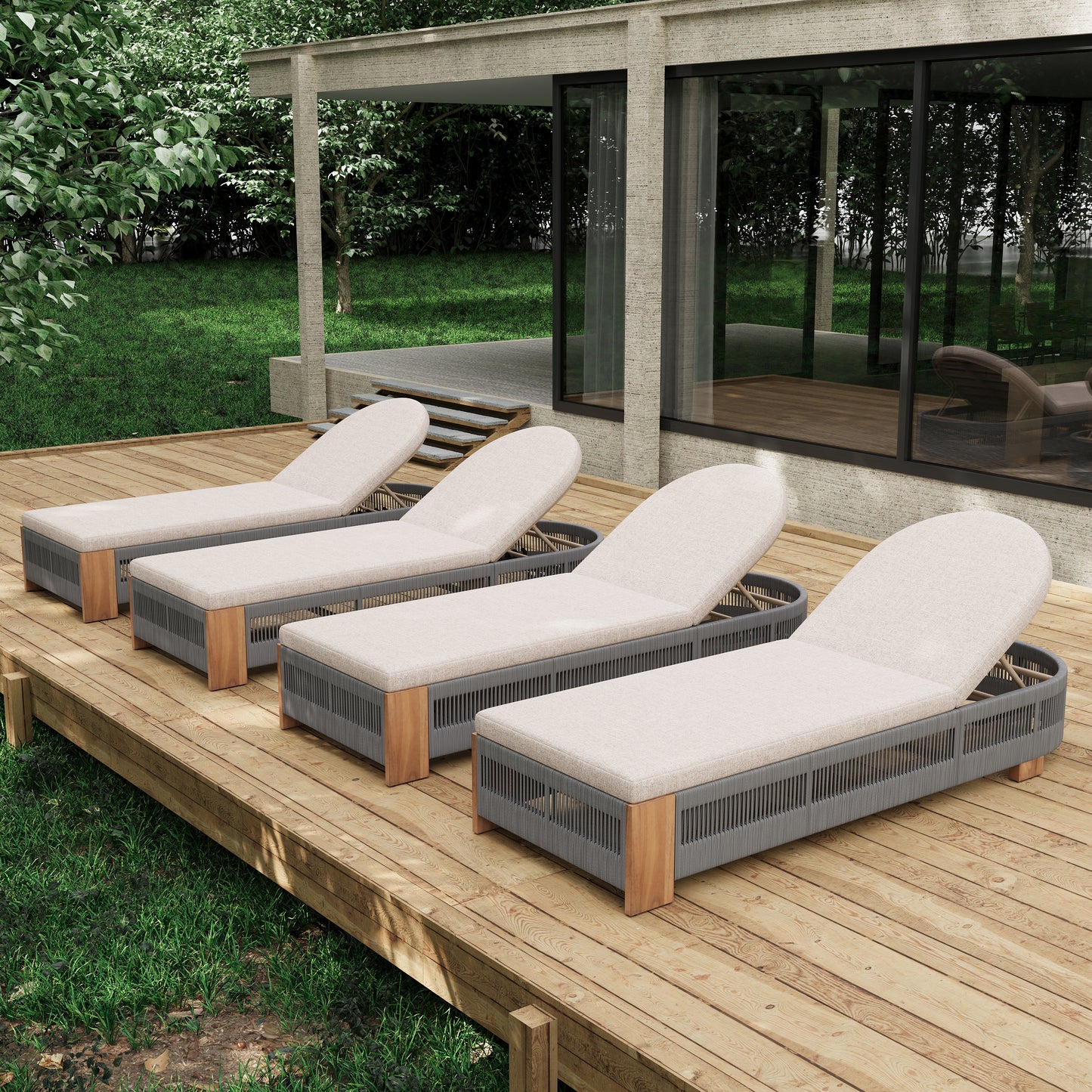 Outdoor Chaise Lounge Chair, Acacia wood Pool Chair with Adjustable Backrest and Cushion, Outdoor Lounge Chair for Beach, Yard, or Poolside (Grey rope)