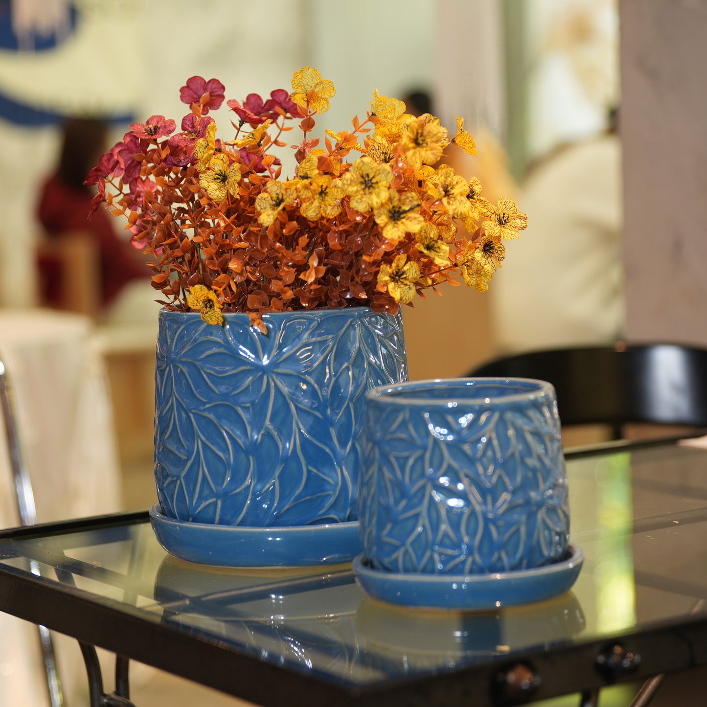 Handmade Ceramic Planter Set of 2, 6" & 8" Diameter, Deep Blue with Leaf Pattern, for Succulents & Herbs Indoor/Outdoor Shelf & Table Use, Breathable Clay with Saucers